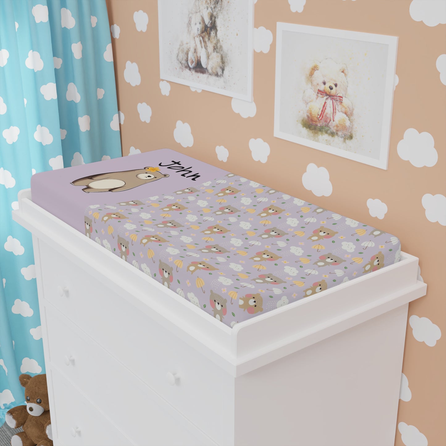 Baby Changing Pad Cover — Cute Lavender Bear & Floral Pattern (Personalizable)