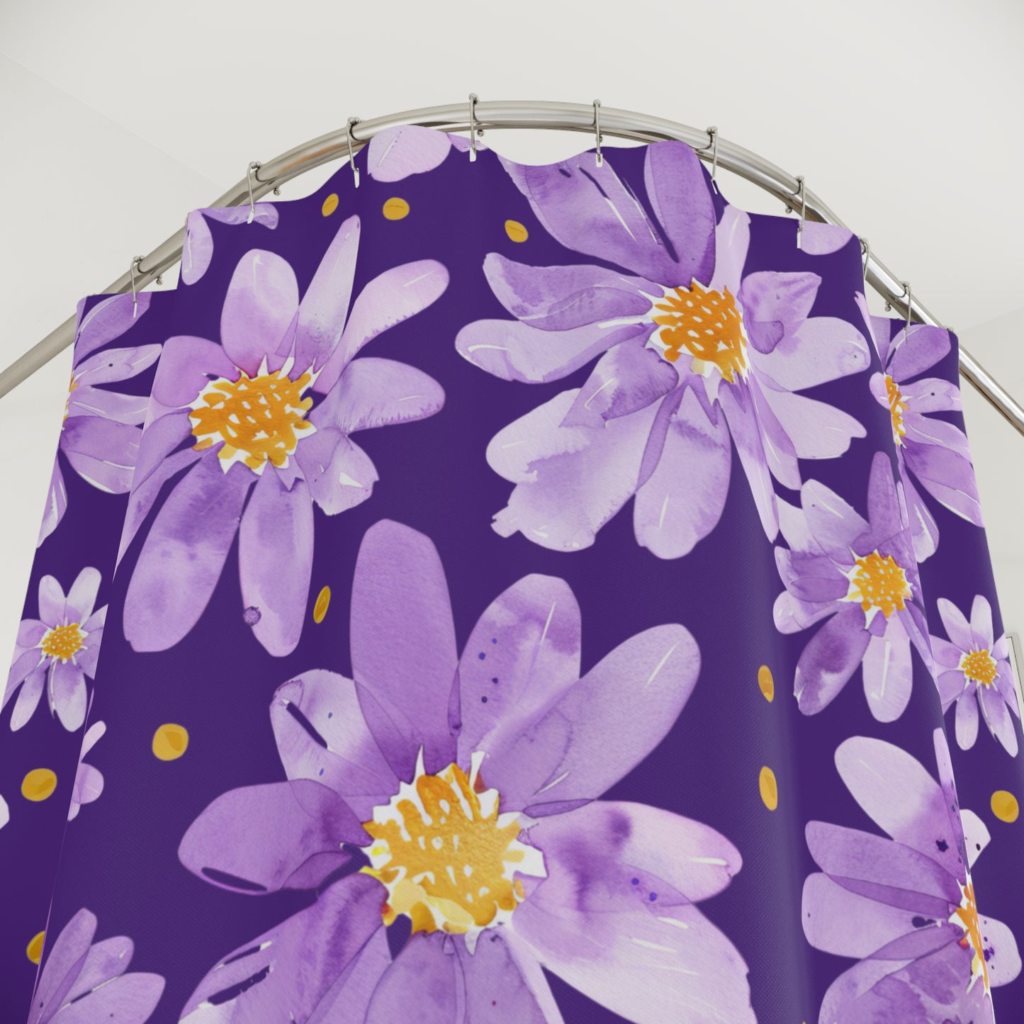 Purple Daisy Floral Shower Curtain — Vibrant Lavender Flowers on Deep Plum Background