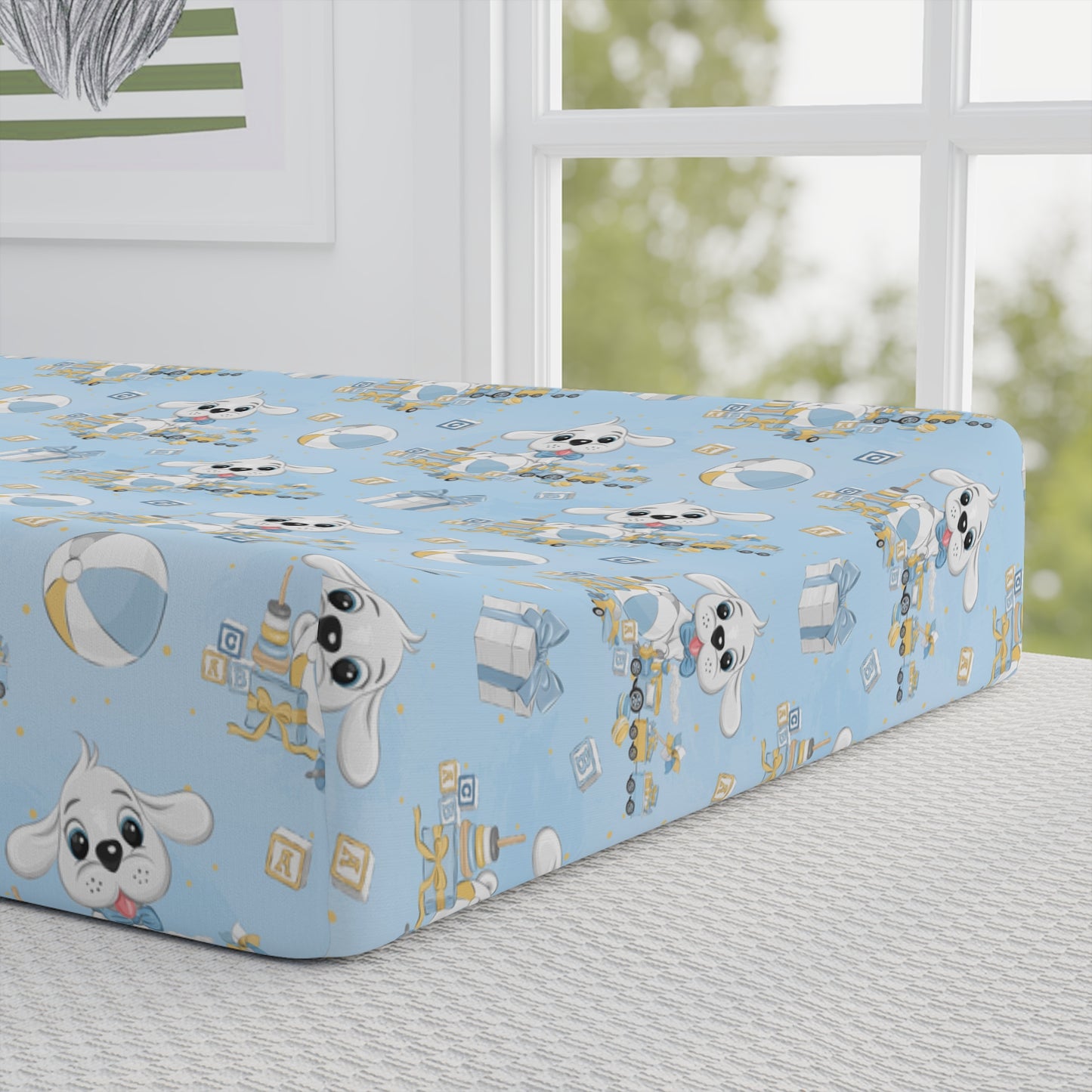 Personalized Blue Puppy Baby Changing Pad Cover — Custom Name Nursery Accessory