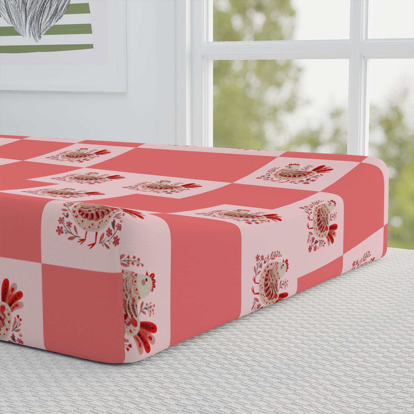 Floral Checkerboard Baby Changing Pad Cover — Pink Rose Nursery