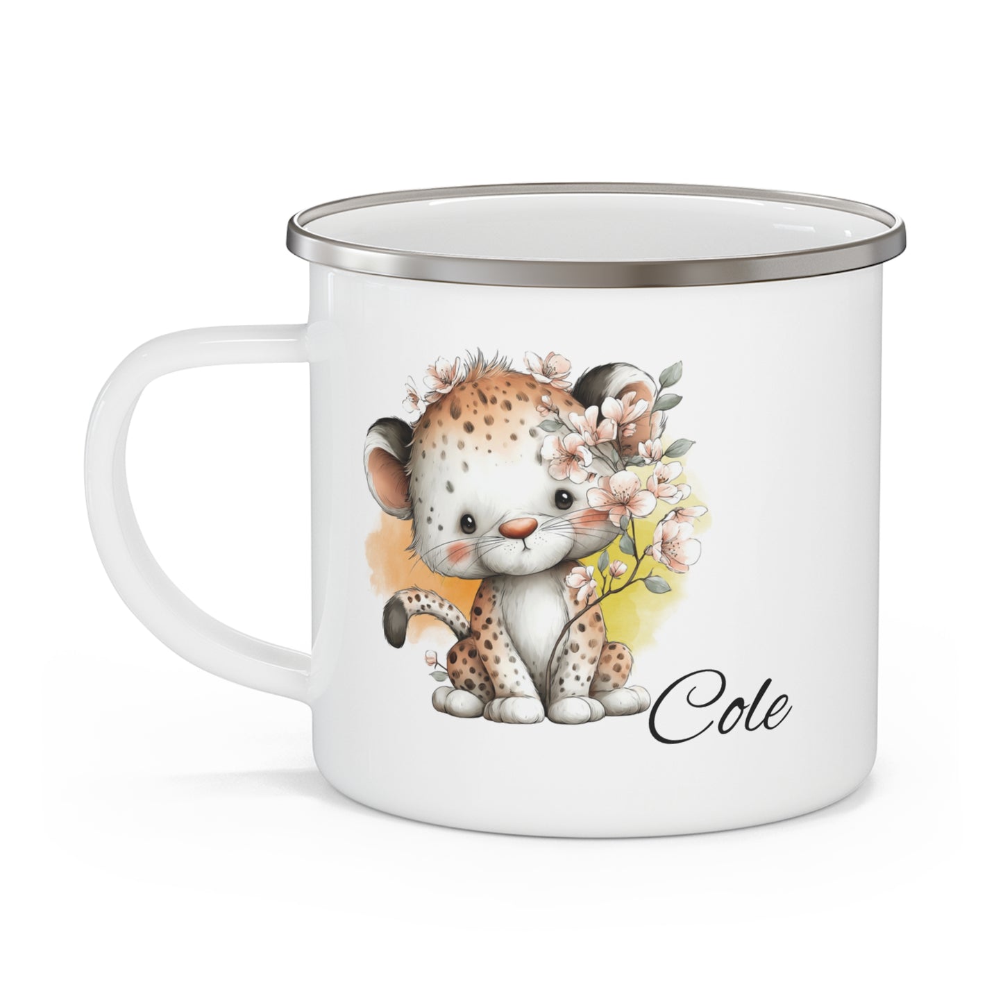 Personalized Enamel Mug — Cute Baby Leopard Camping Cup with Name "Cole"