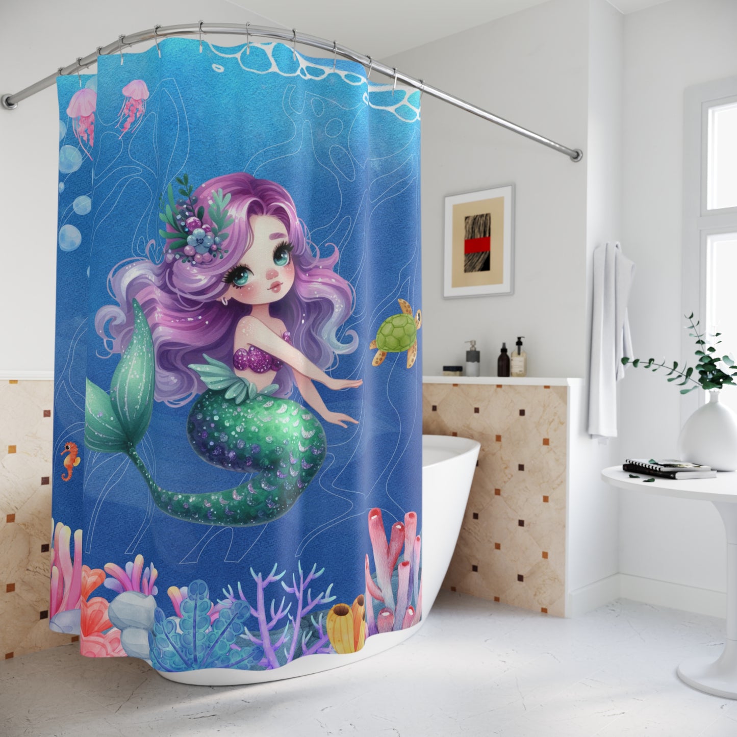 Mermaid Shower Curtain — Cute Purple-Haired Kids Ocean Bath Decor