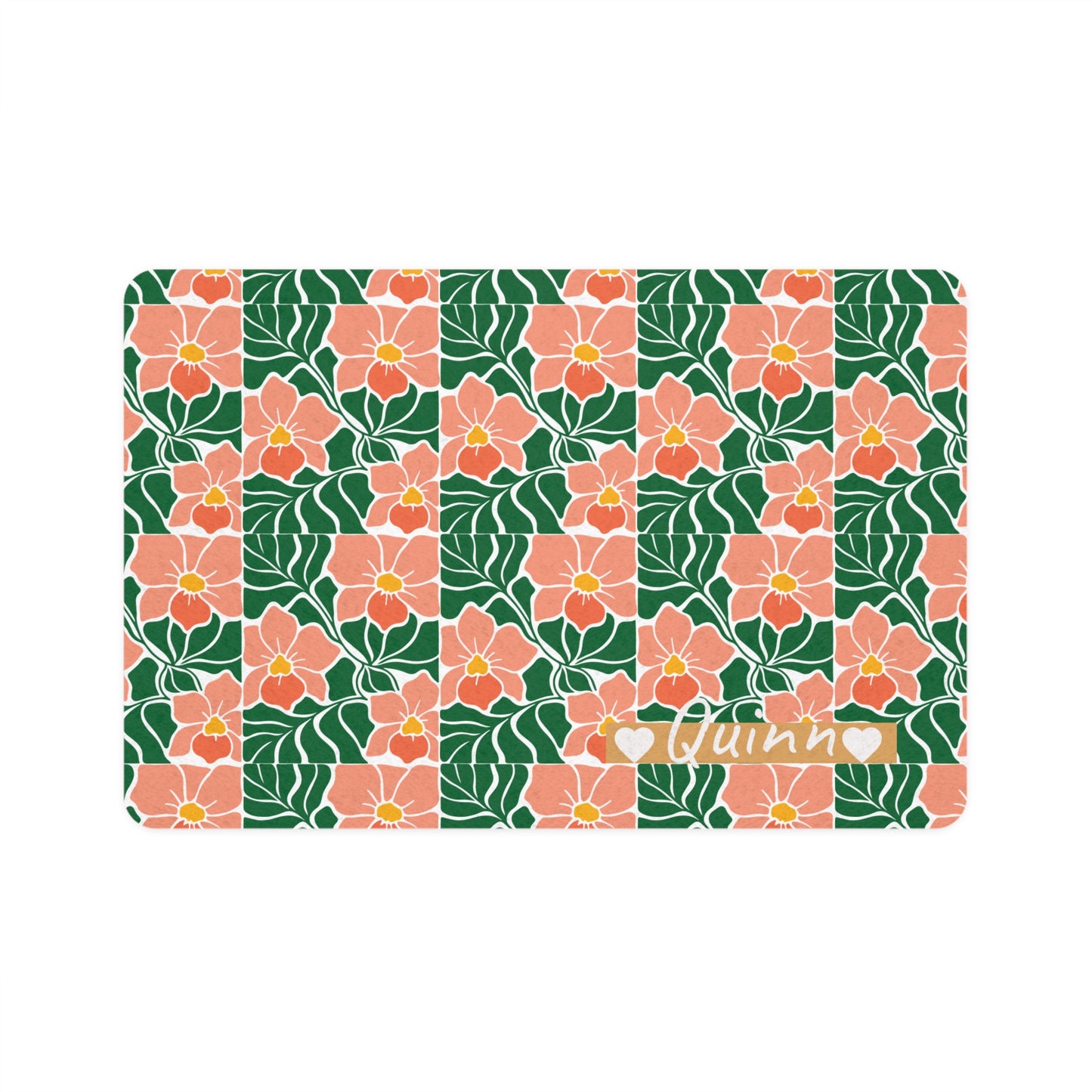 Floral Checkerboard Pet Food Mat (12x18) — Personalized Pink & Green Feeding Placemat
