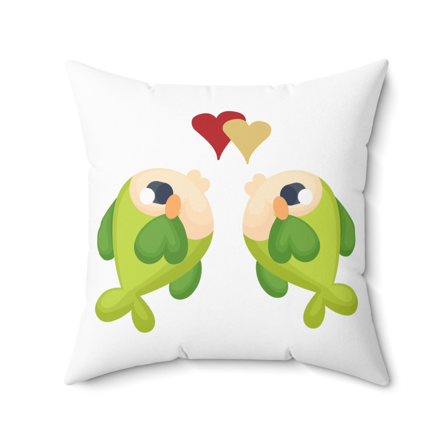 Two hearts float between the fish one red and one yellow Spun Polyester Square Pillow