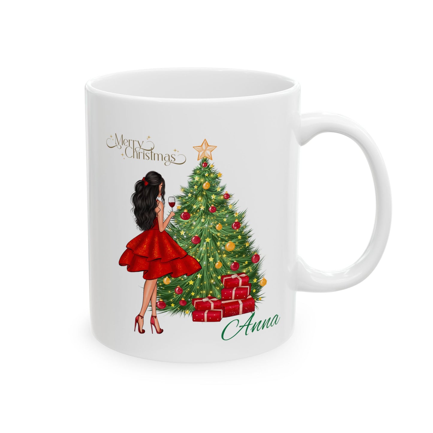 Personalized Christmas Mug – Festive Tree & Girl Illustration (11oz/15oz)