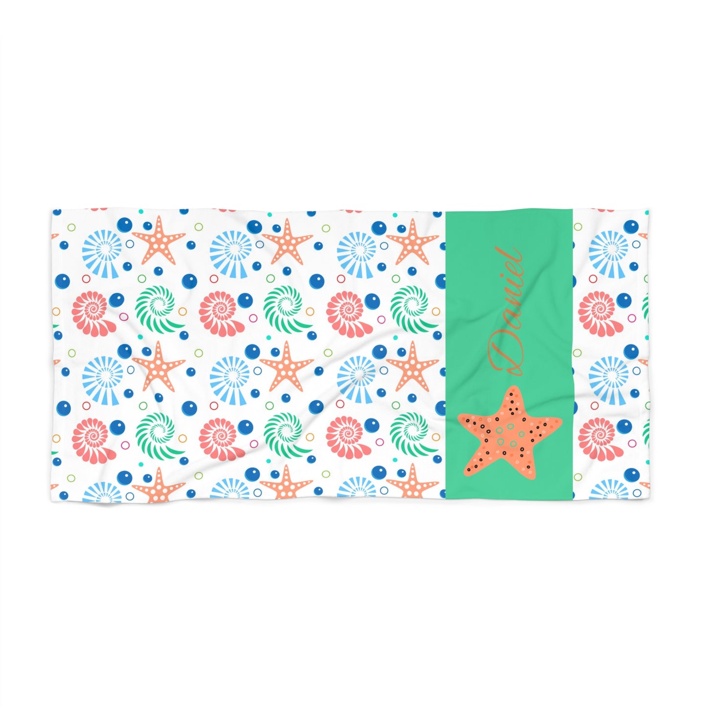 Personalized Starfish Beach Towel – Nautical Seashell Pattern, Custom Name Option