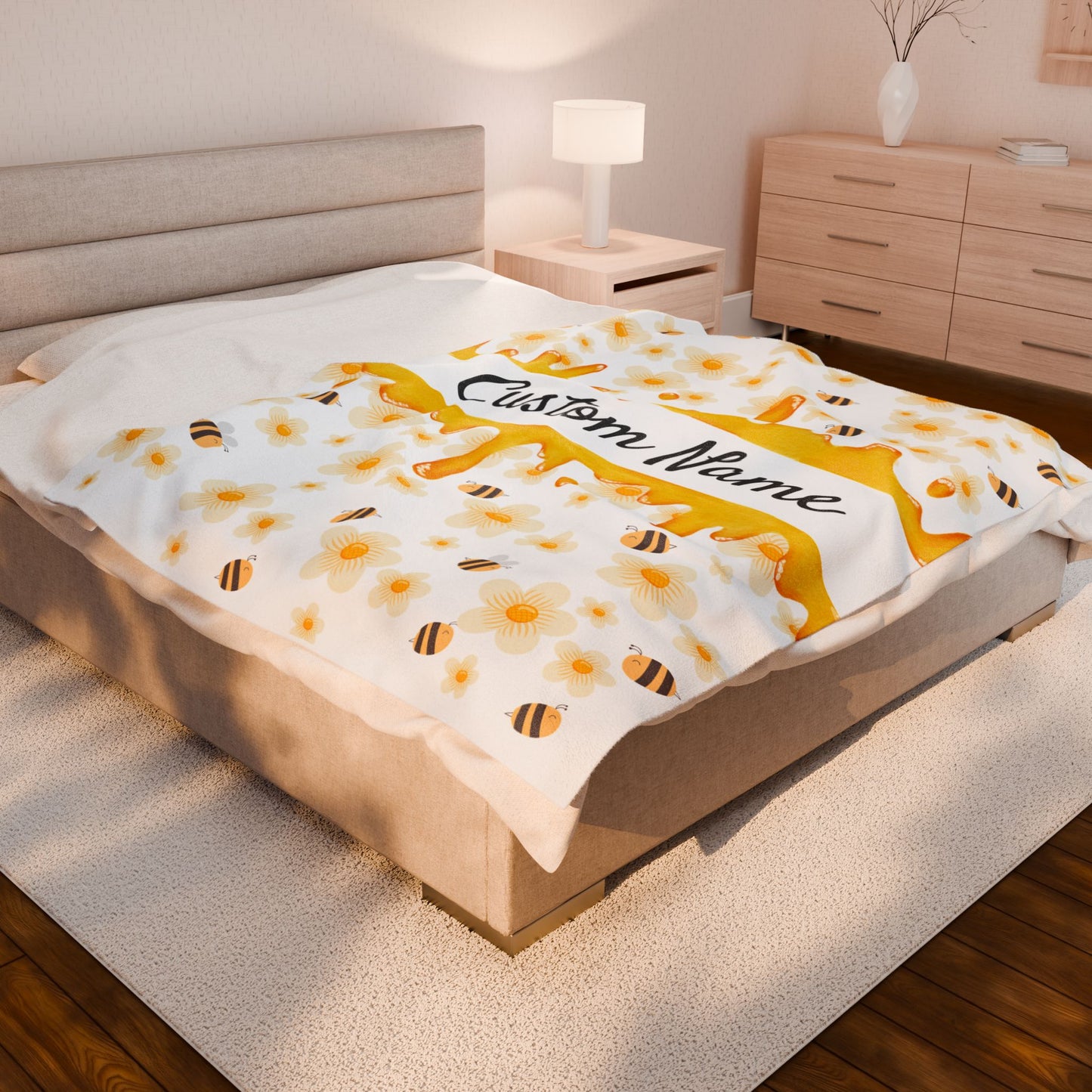 Personalized Velveteen Plush Blanket, Cozy Gift, Custom Name Throw, Bee and Flower Decor, Soft Home Accents