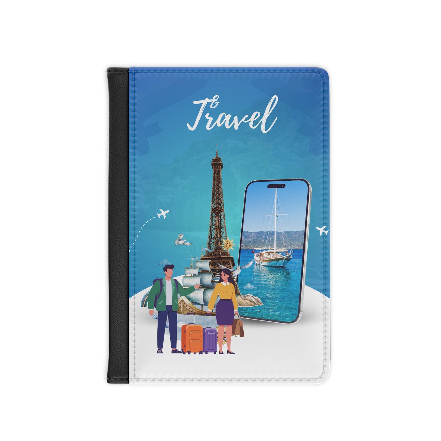 Travel Passport Cover – 'Travel' Eiffel Tower & Yacht Illustration Passport Holder for Couples & Vacationers