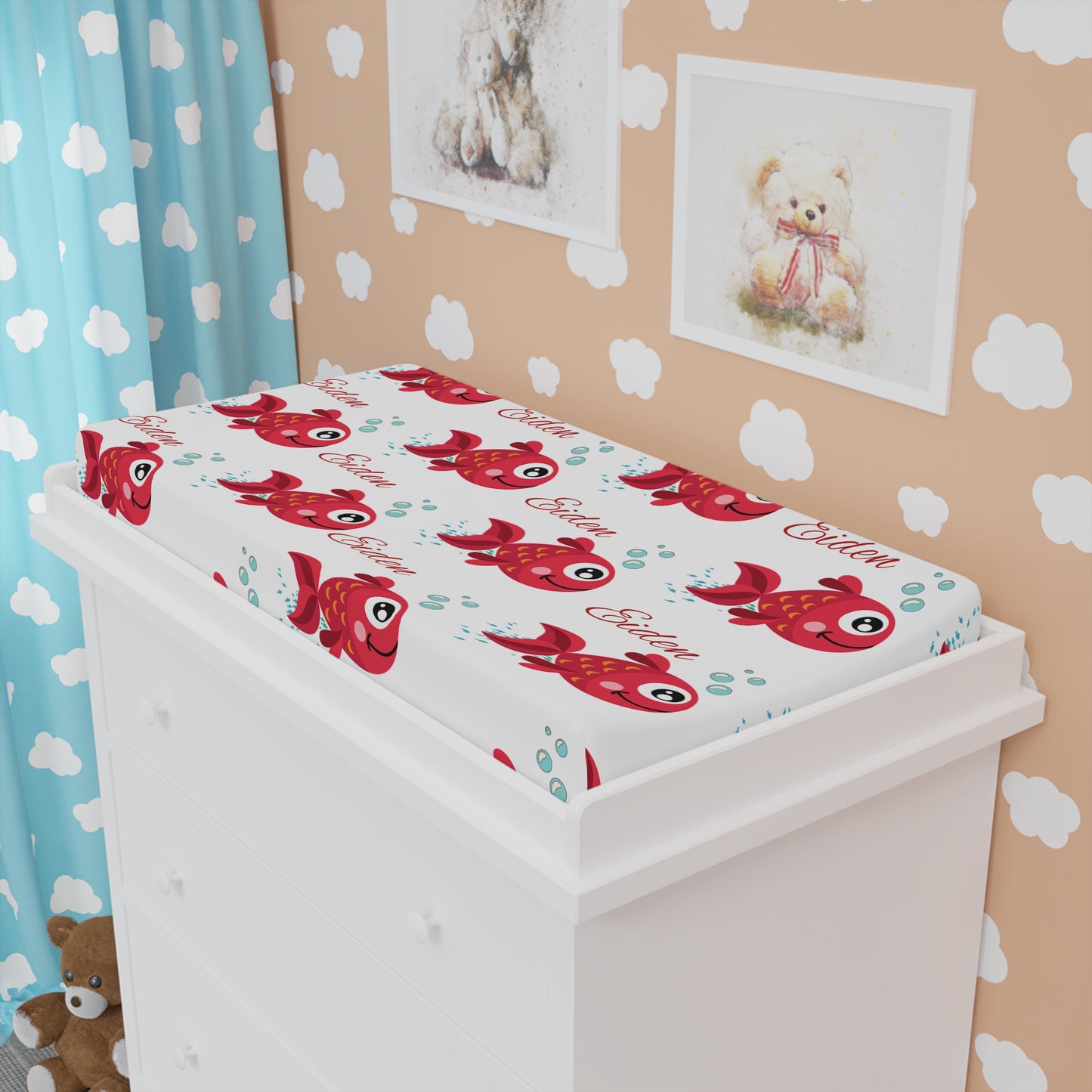 Changing Pad Cover — Cute Red Fish Personalized Baby Nursery Decor