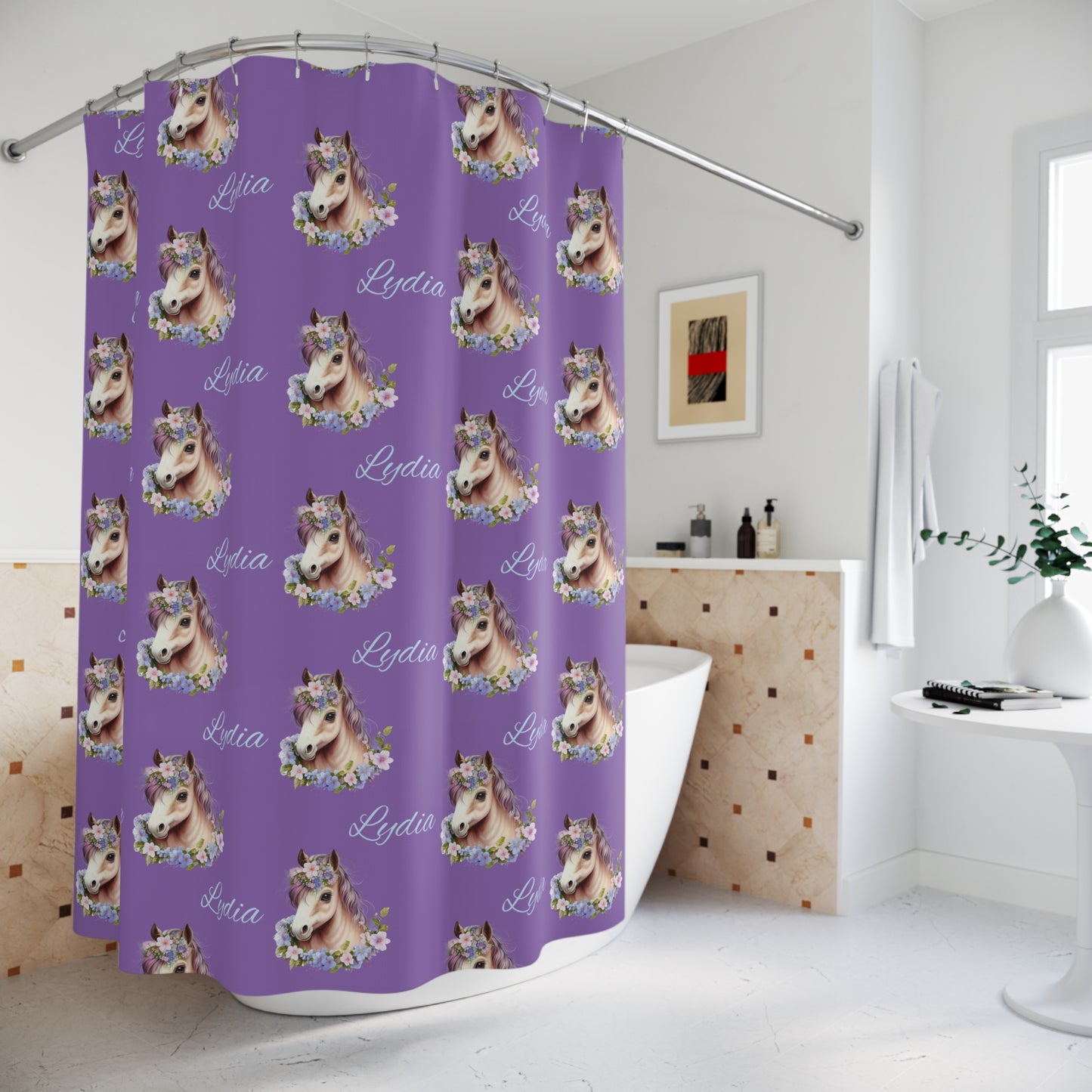 Personalized Purple Unicorn Shower Curtain — Custom Name "Lydia" Floral Horse Bath Decor