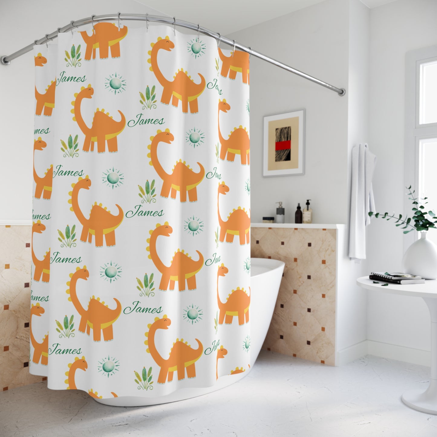 Personalized Orange Dinosaur Shower Curtain — Custom Name 'James' Kids Bathroom Decor