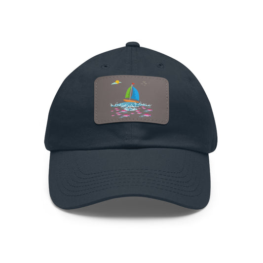 Sailboat and Red fish Dad Hat with Leather Patch (Rectangle)