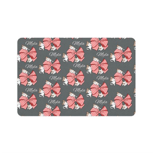 Personalized Bow Pattern Pet Food Mat – Cute Dog Placemat (12x18)