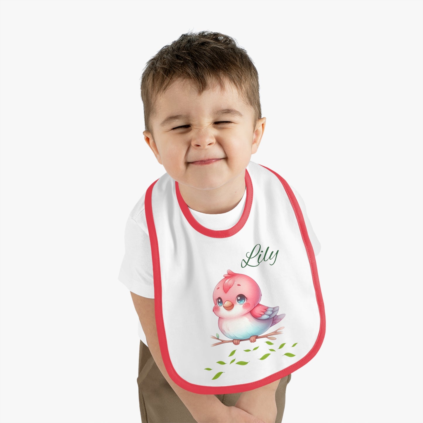 Personalized Baby Bib — Cute Pink Bird with Name (Lily) | Contrast Trim Jersey Bib