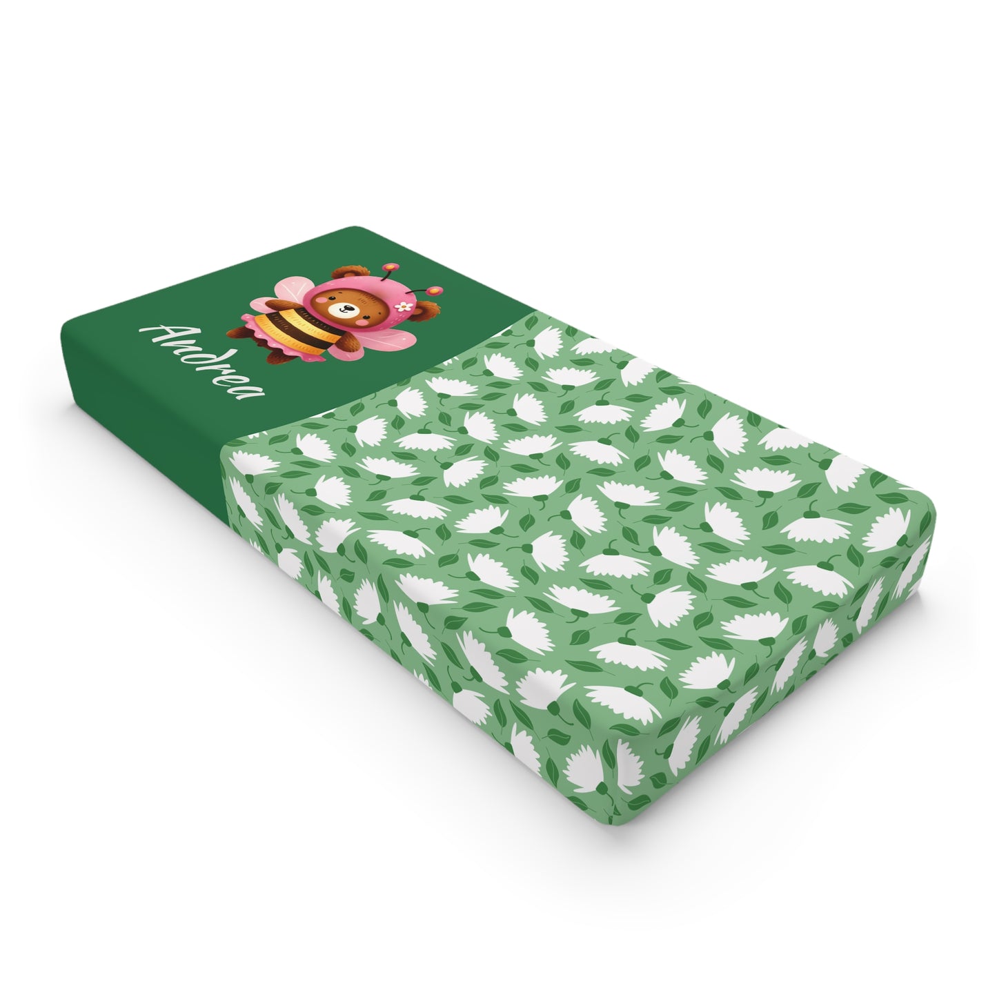 Personalized Green Floral Baby Changing Pad Cover with Cute Bee Name Design