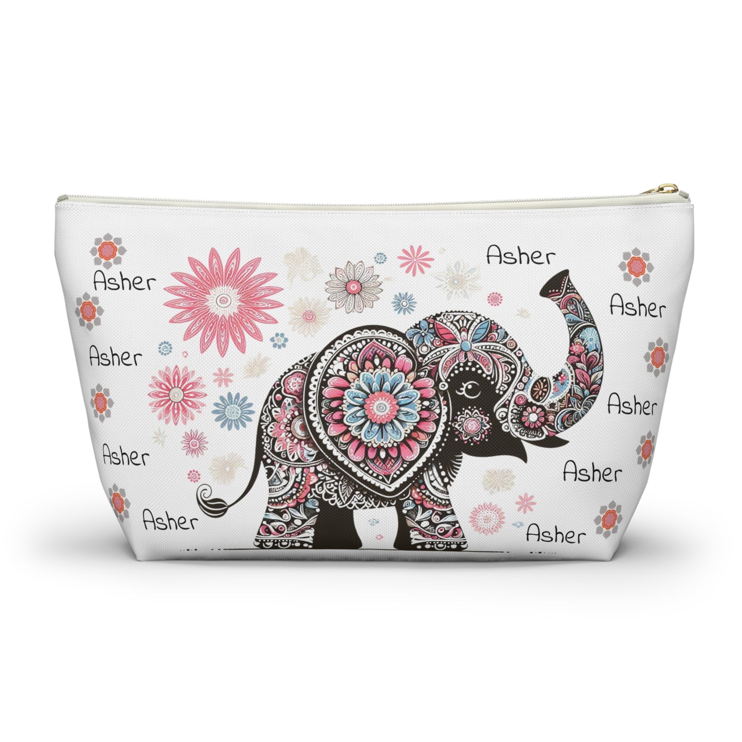 Personalized Elephant Accessory Pouch — Floral T-Bottom Makeup Bag