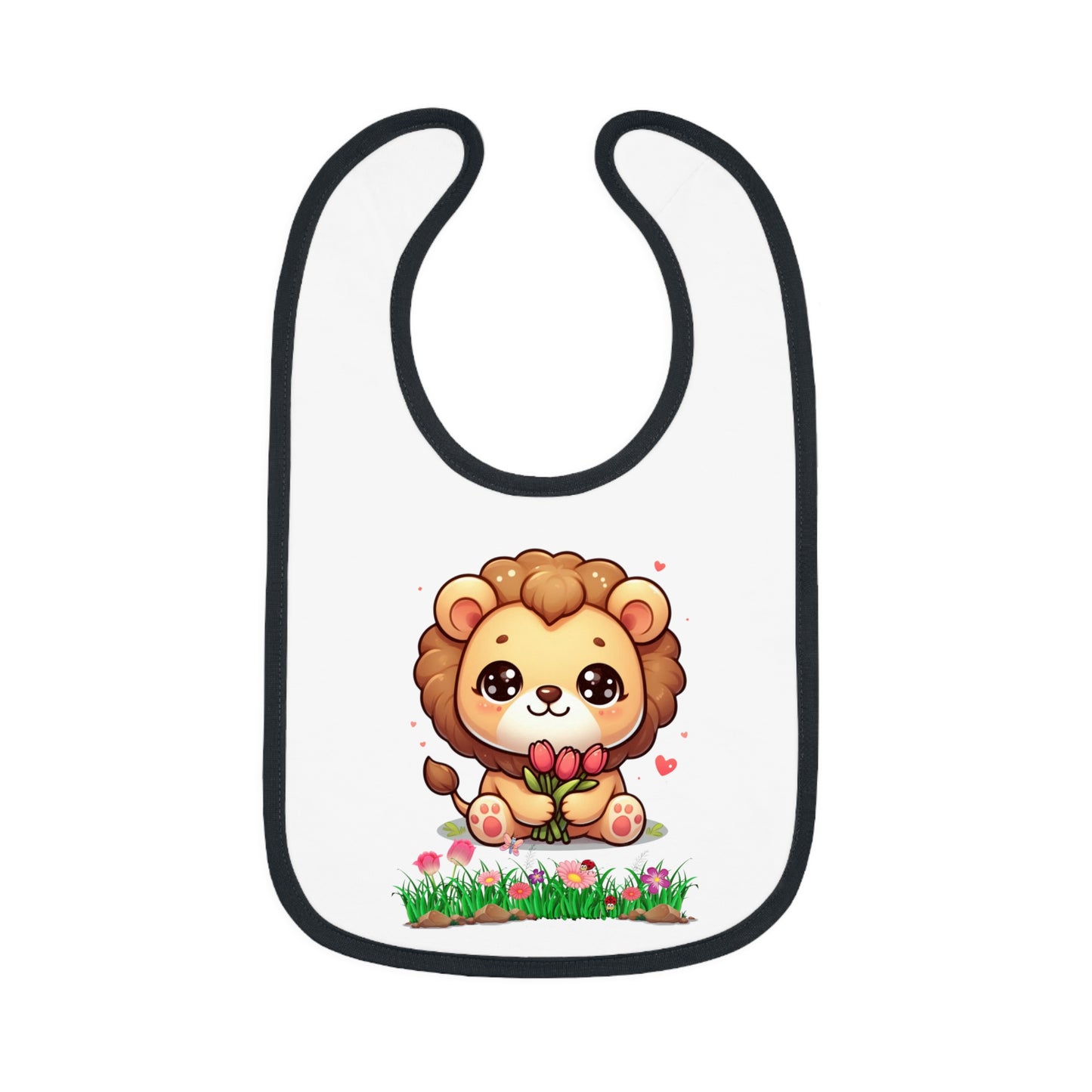 Baby Bib — Cute Lion Holding Flowers, Contrast Trim Infant Feeding Bib