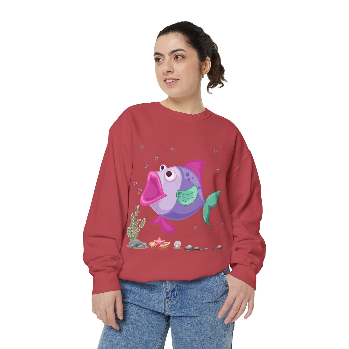 Fish with open mouth bubbles and underwater flora Unisex Garment-Dyed Sweatshirt