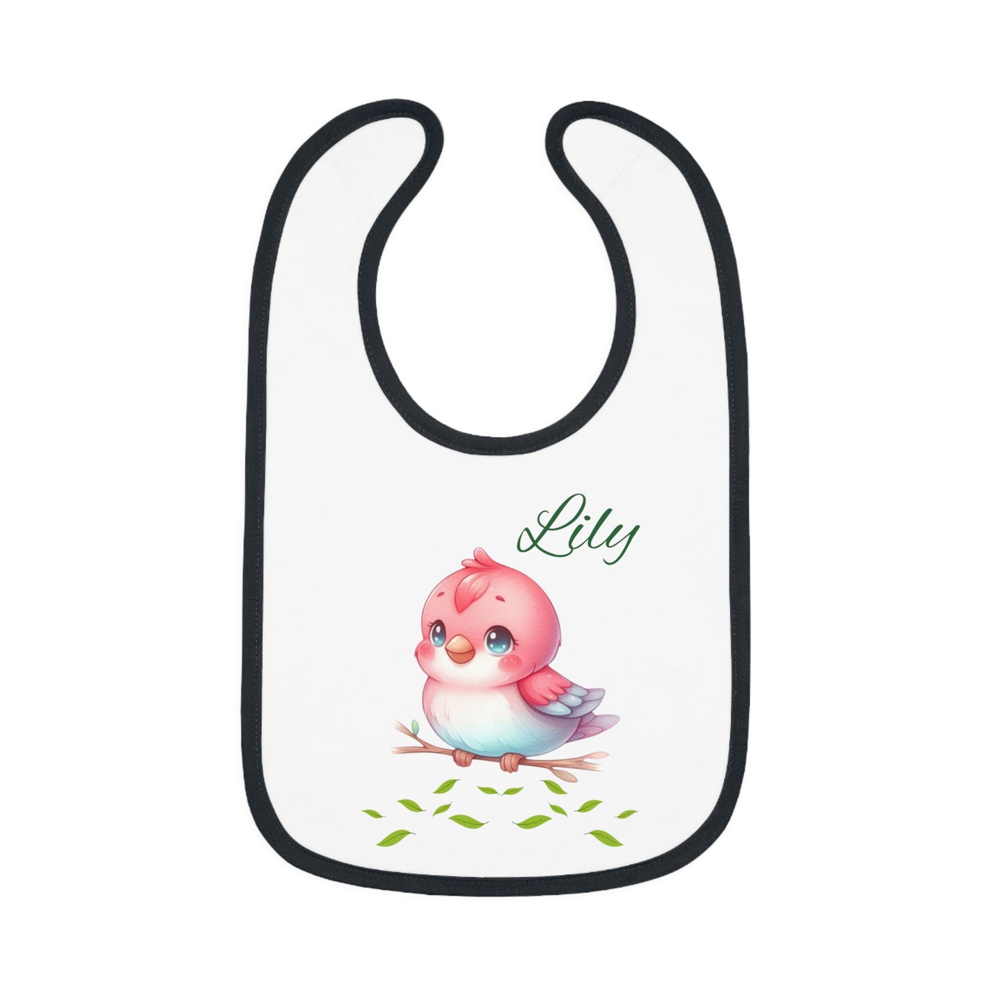 Personalized Baby Bib — Cute Pink Bird with Name (Lily) | Contrast Trim Jersey Bib