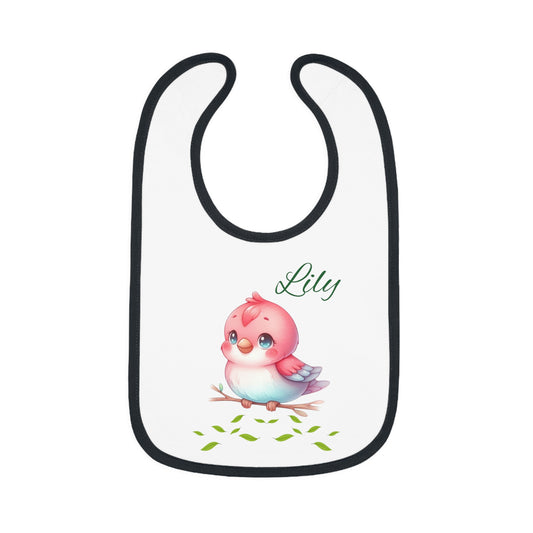 Personalized Baby Bib — Cute Pink Bird with Name (Lily) | Contrast Trim Jersey Bib