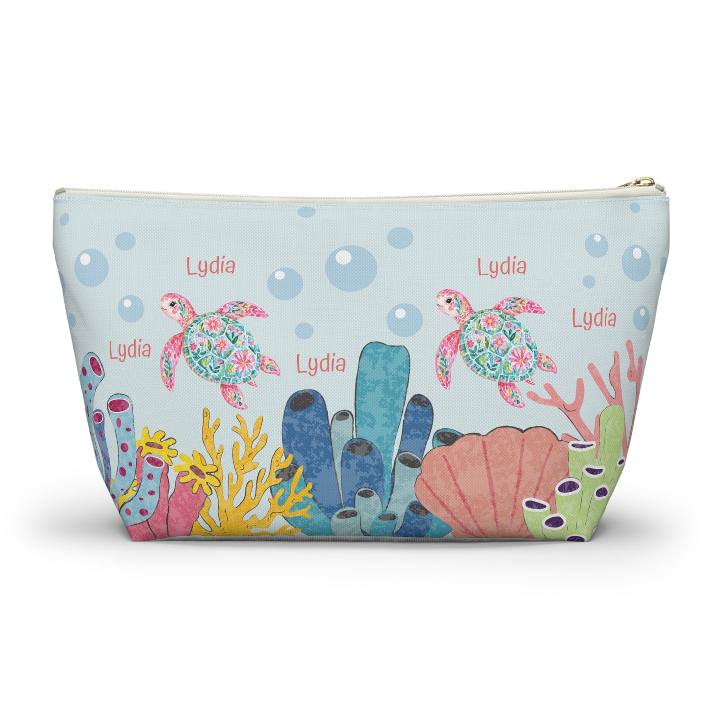 Personalized Sea Turtle Makeup Bag — Floral Turtle Cosmetic Pouch