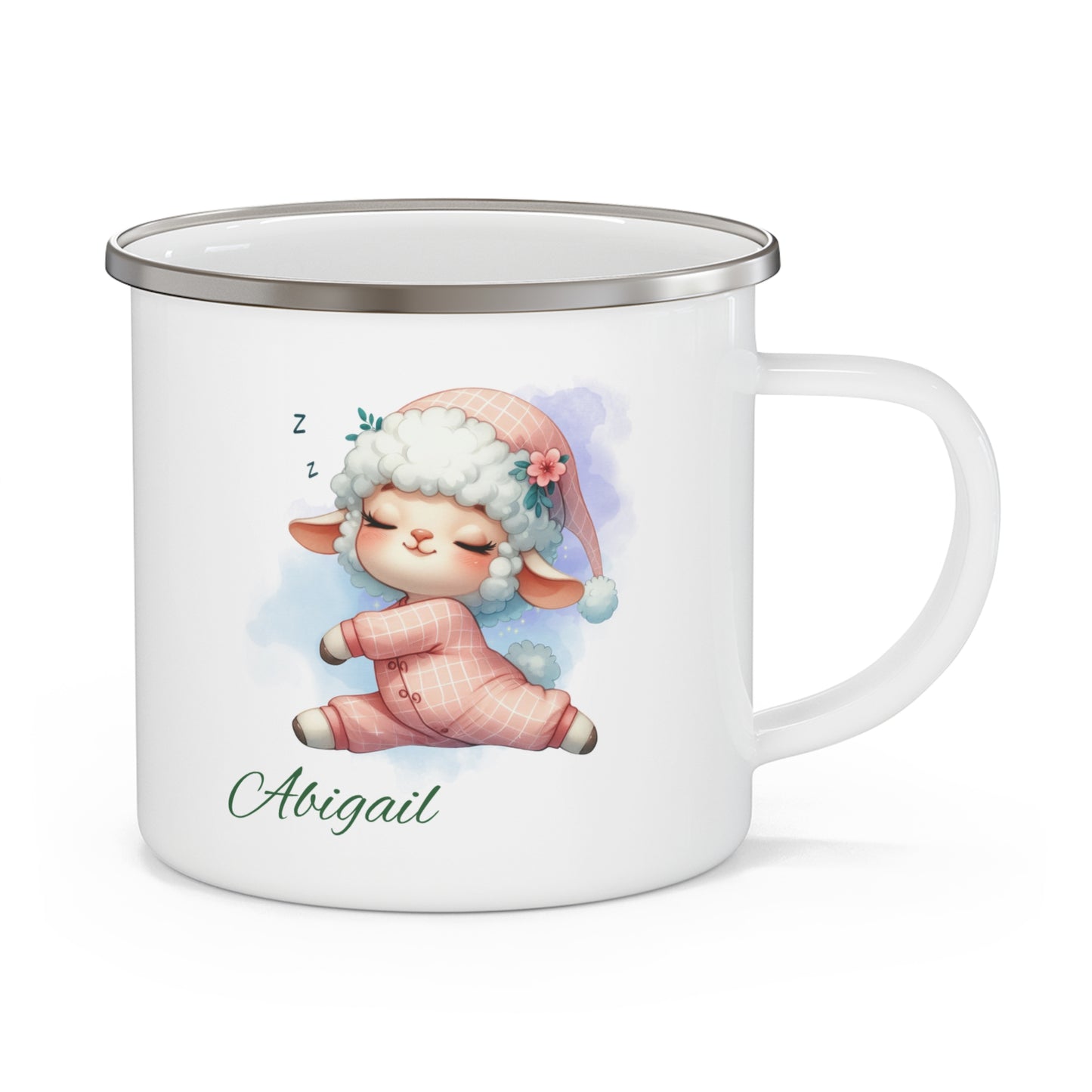 Personalized Enamel Camping Mug with Sleepy Sheep Design