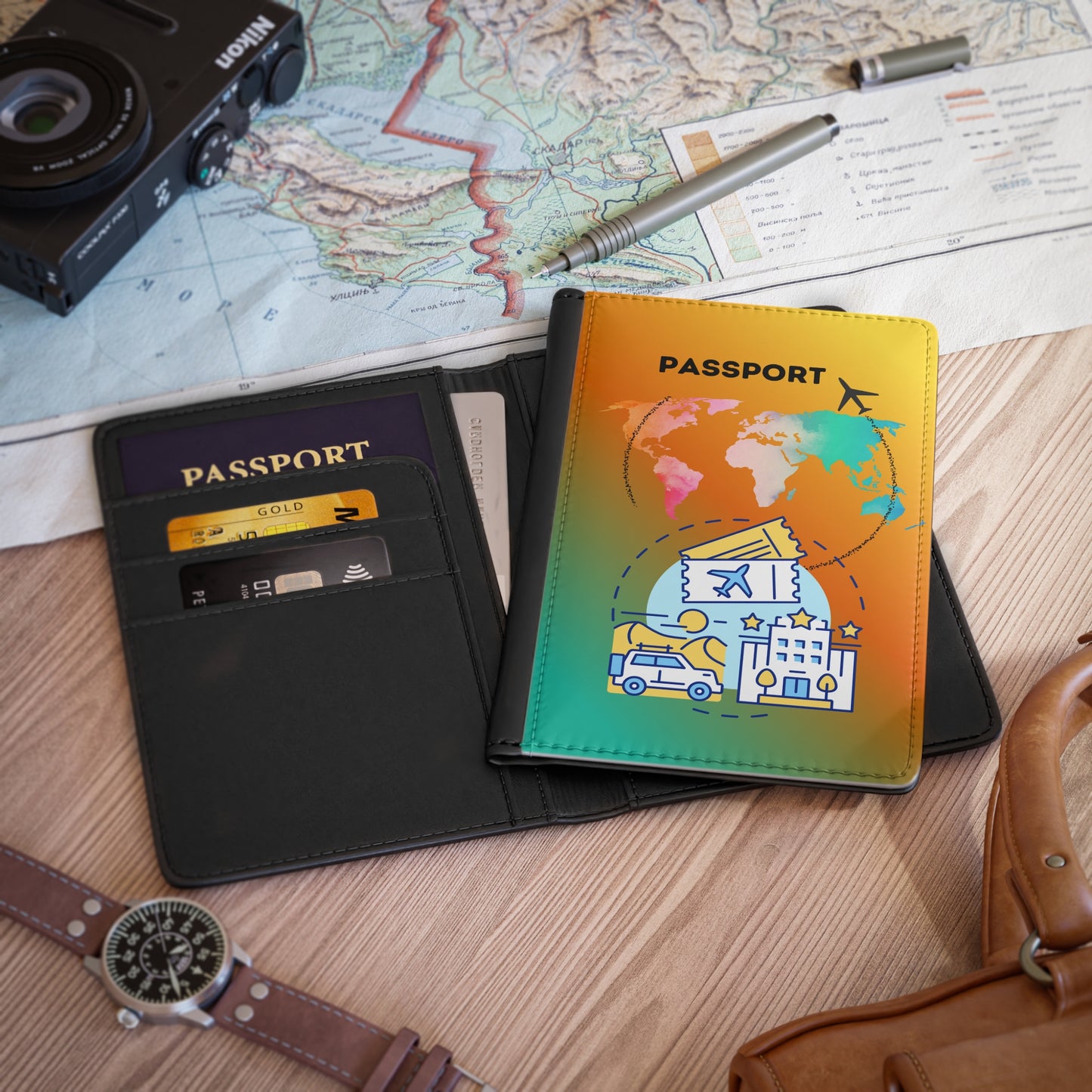 Travel Passport Cover — Colorful World Map & Vacation Icons Passport Holder