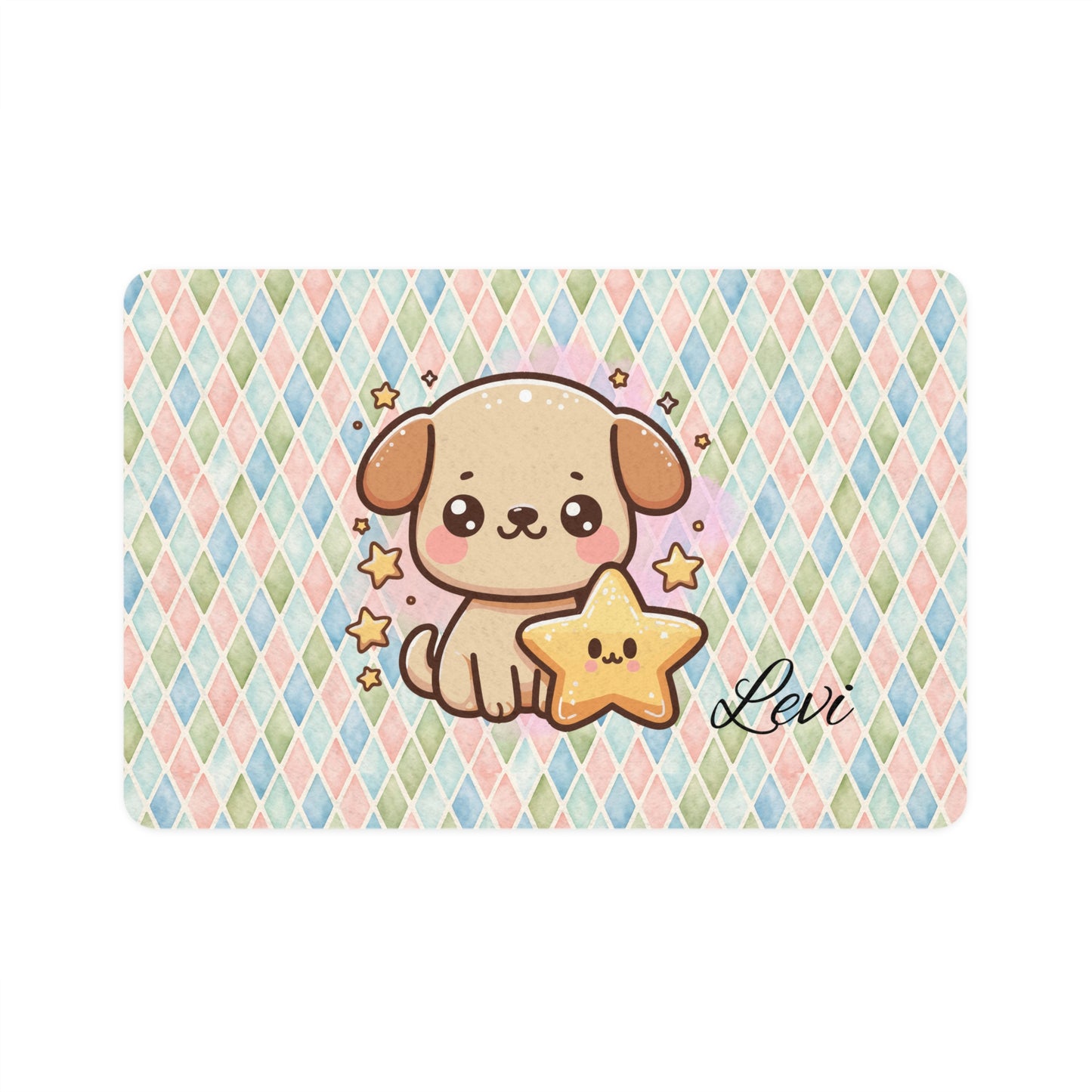 Cute Personalized Puppy Pet Food Mat (12x18) — Pastel Star Design