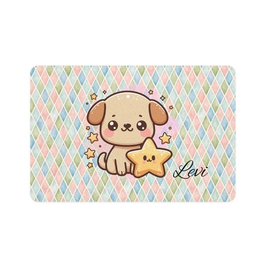 Cute Personalized Puppy Pet Food Mat (12x18) — Pastel Star Design