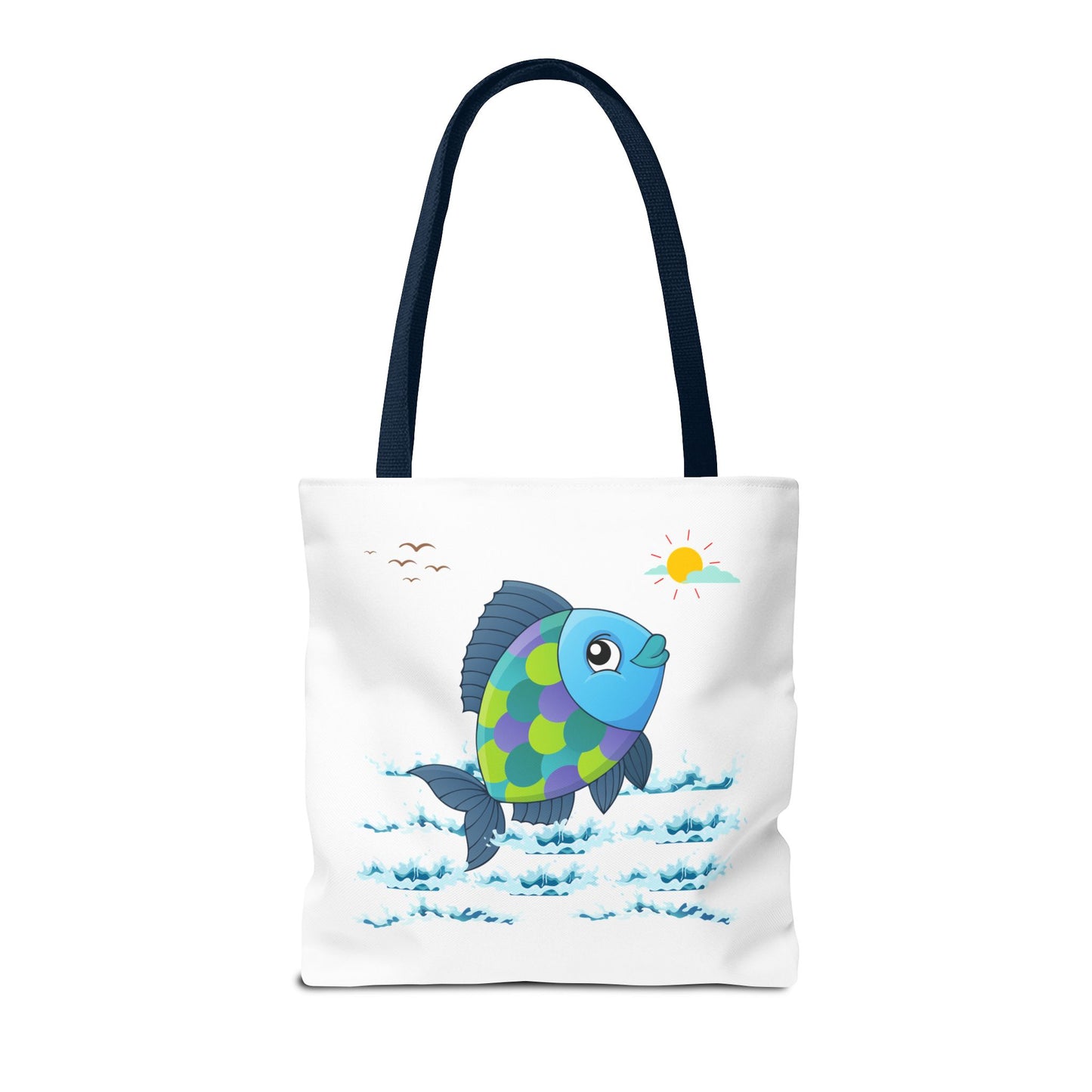Fish with a sun and birds in the sky above water Tote Bag
