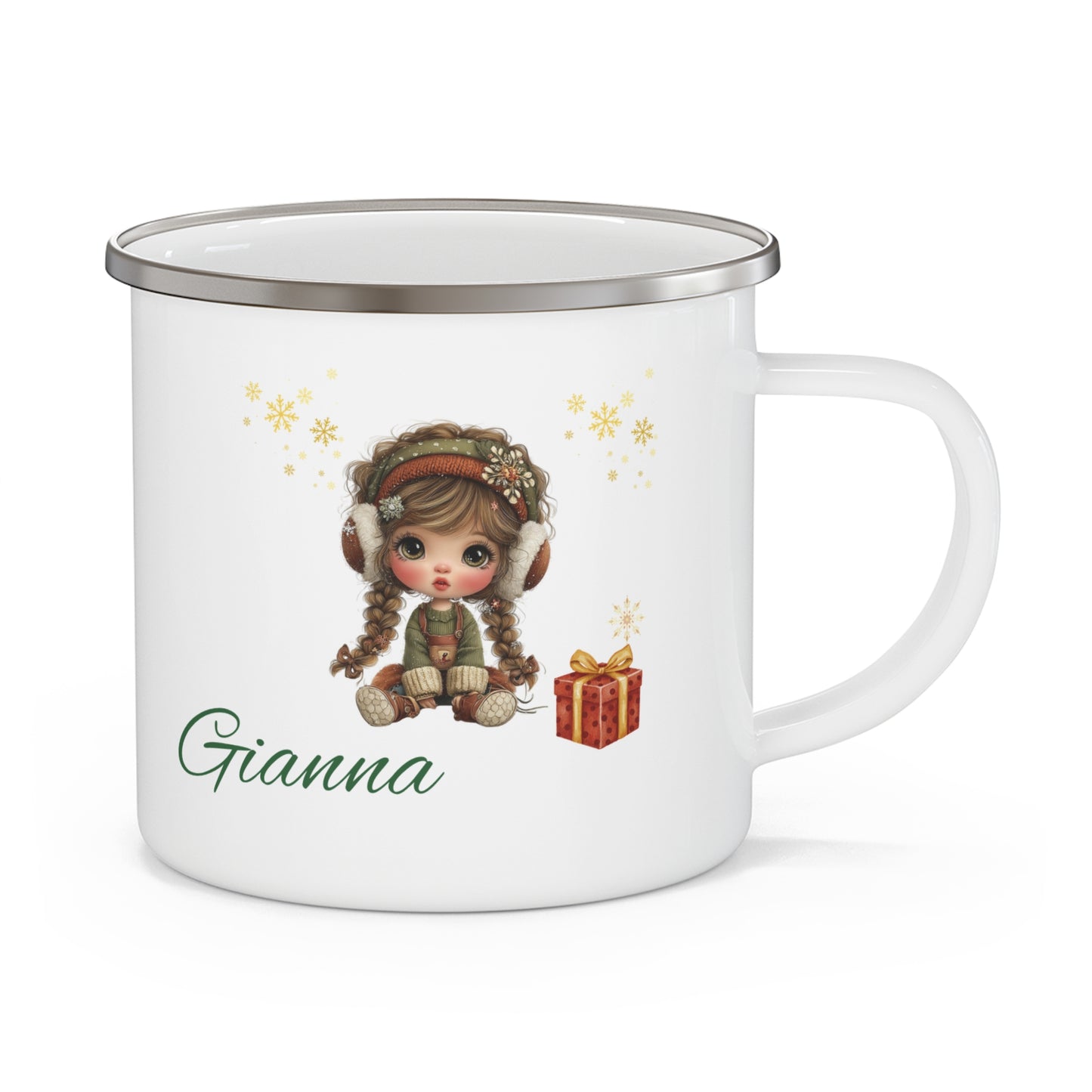 Personalized Enamel Camping Mug with Cute Winter Design