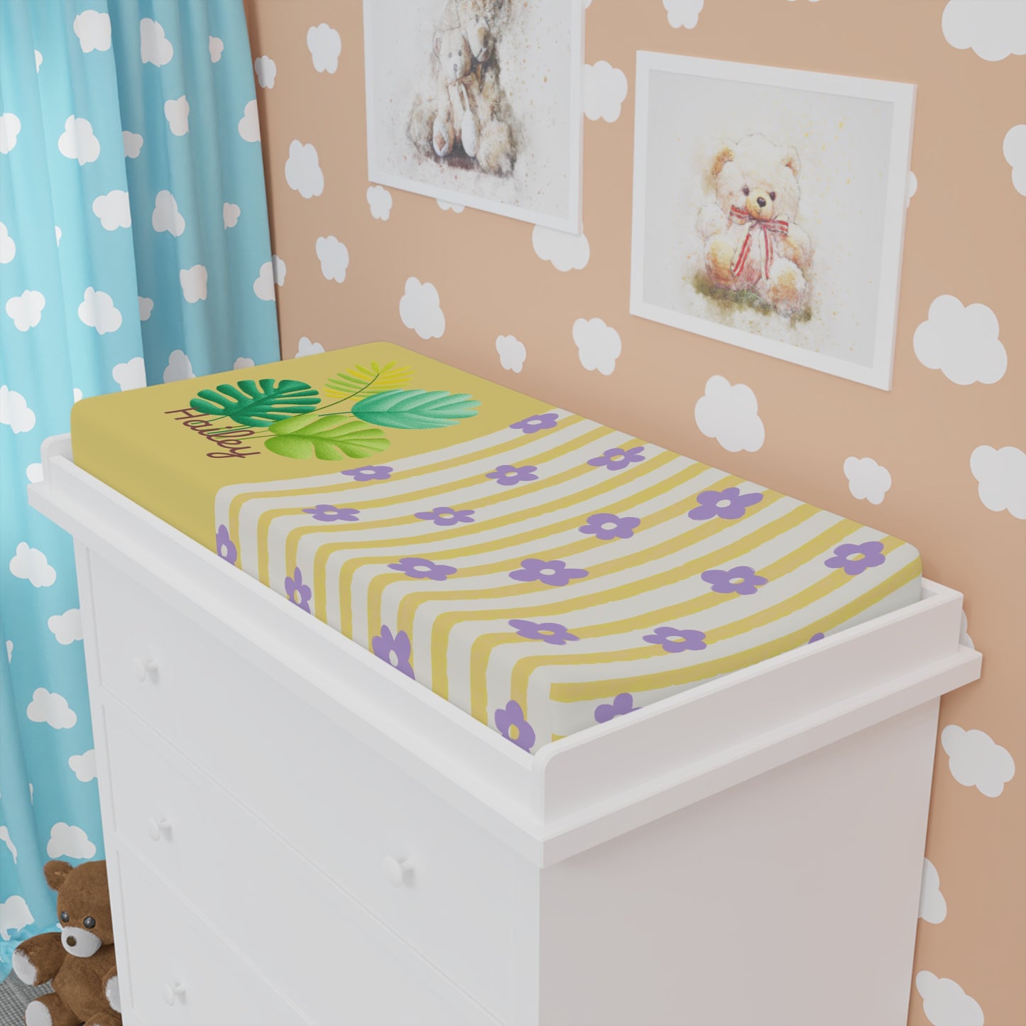 Changing Pad Cover — Yellow Stripe & Purple Floral with Tropical Leaves (Personalizable)