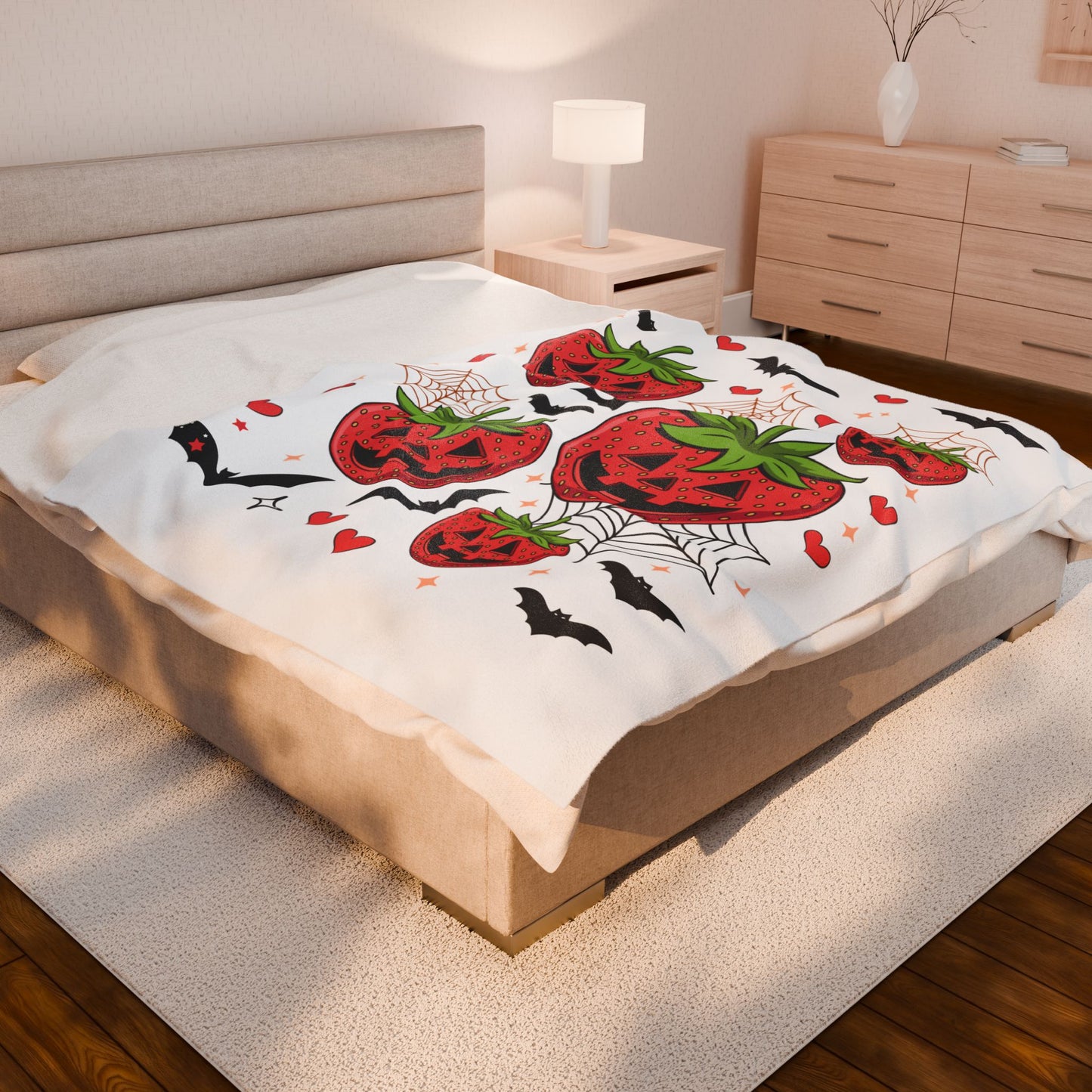 Halloween Strawberry Plush Blanket, Cozy Throw for Fall Decor, Cute Halloween Gift, Spooky Seasonal Blanket, Warm Home Accessory