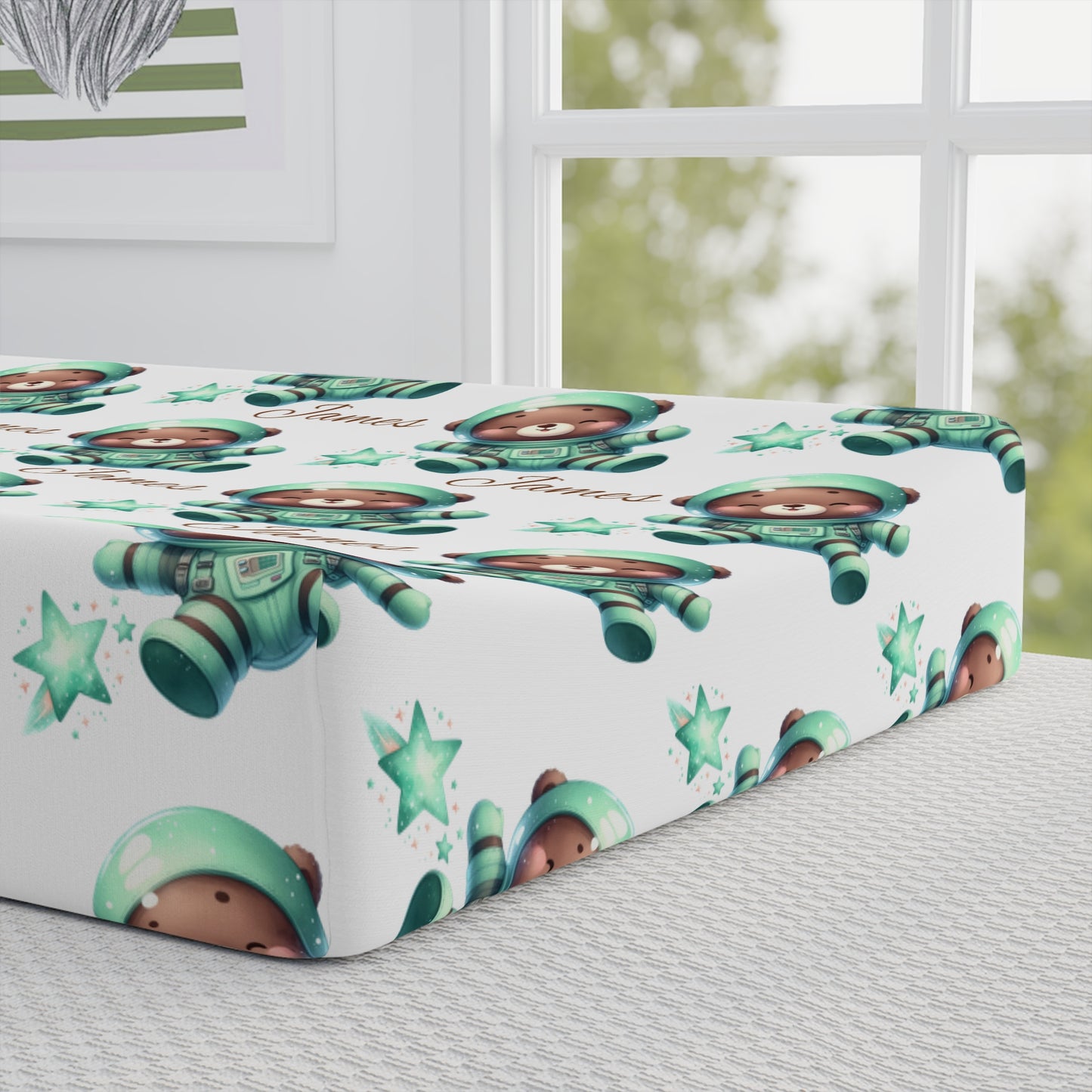 Floral Baby Bear Changing Pad Cover — Soft Fitted Nursery Protector with Green Botanicals