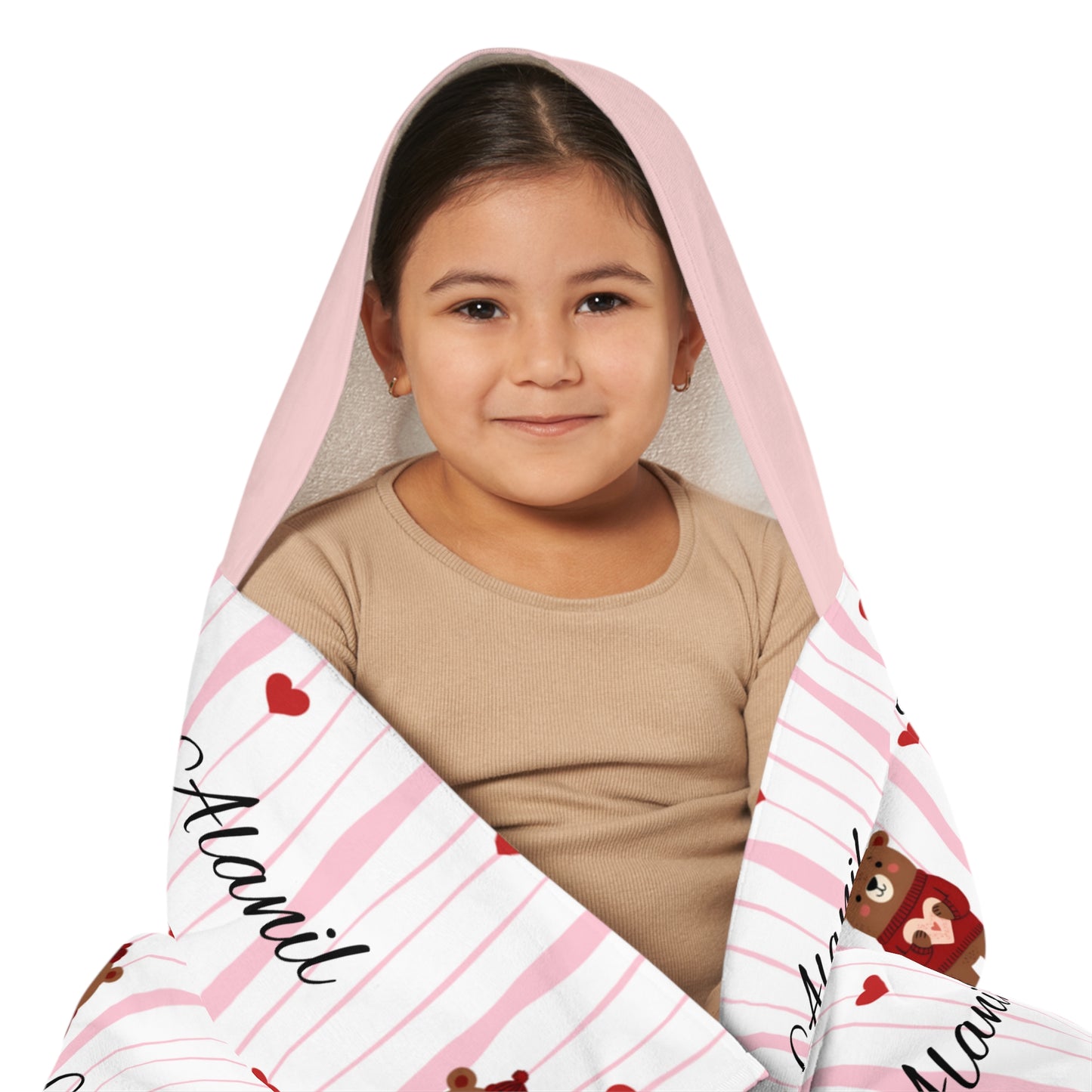 Personalized Kids Hooded Towel — Cute Bear & Hearts Design (Custom Name)