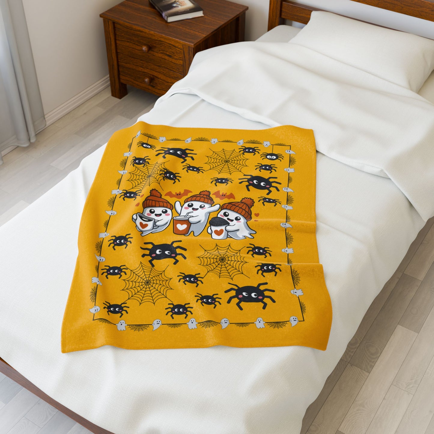 Cozy Halloween Velveteen Plush Blanket for Spooky Nights, Ghosts and Spiders Design, Perfect for Fall Decor, Gift, and Movie Nights