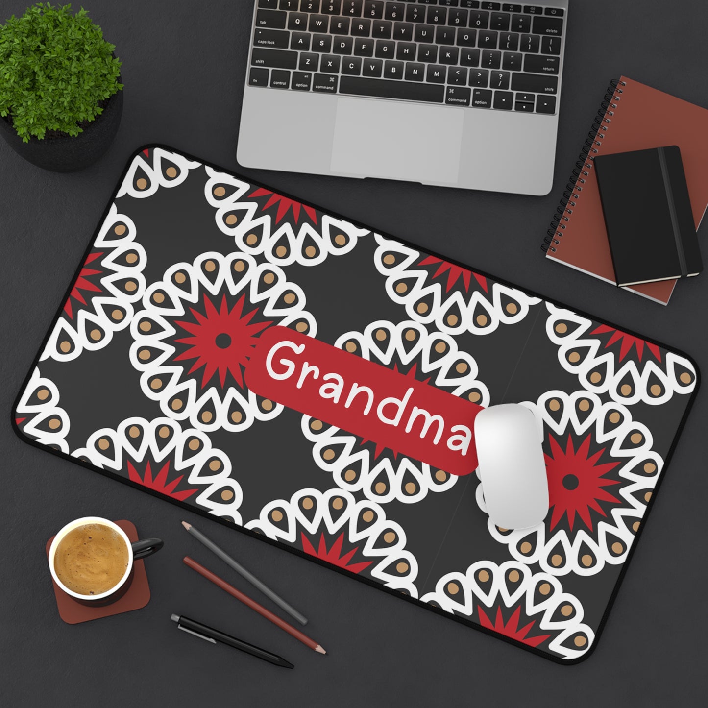 Grandma Floral Desk Mat — Personalized Red & White Patterned Office Mouse Pad