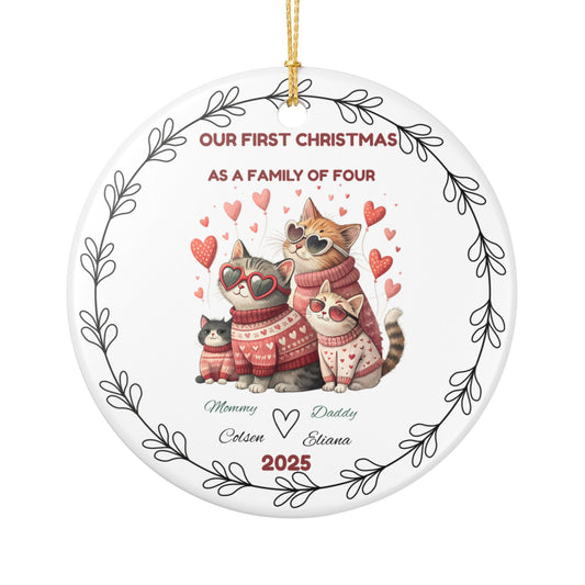Cute Cat Family Christmas Ornament, Personalized Holiday Decoration, Family of Four Keepsake, Pet Lover Gift, Christmas Tree Decor