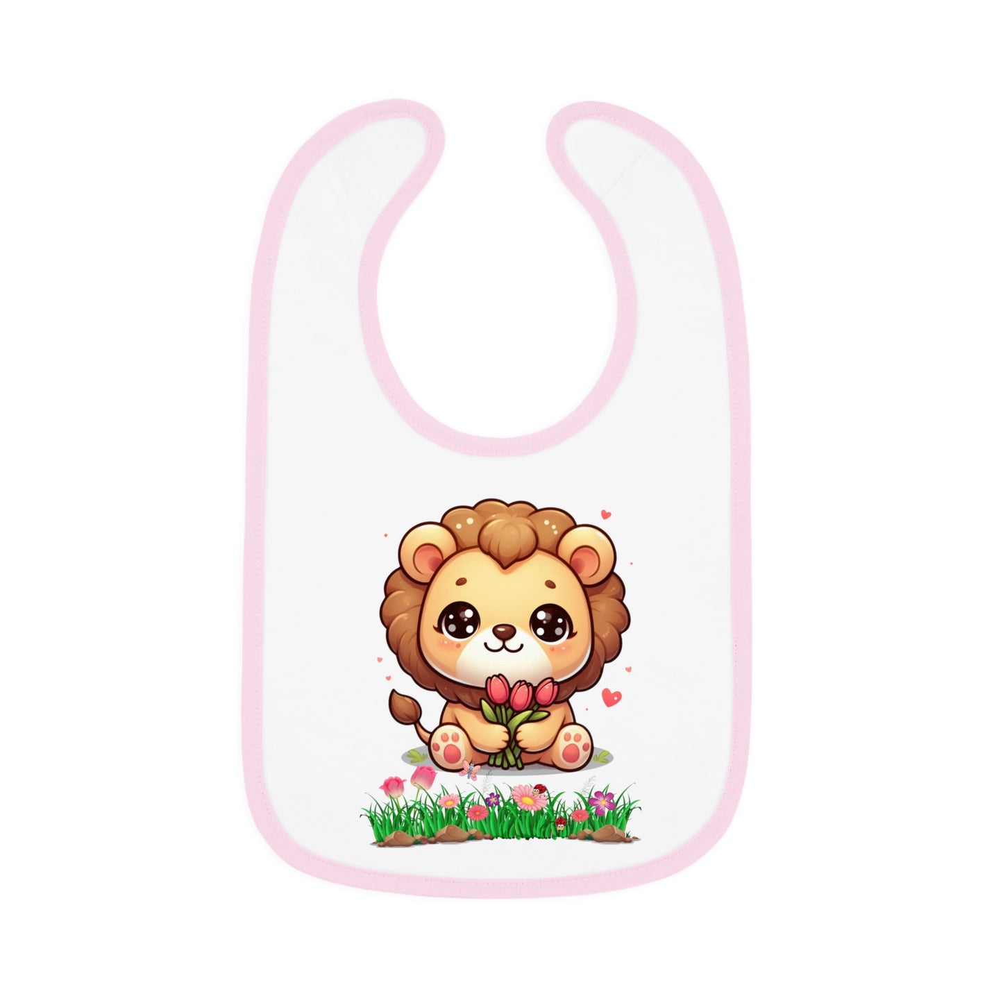 Baby Bib — Cute Lion Holding Flowers, Contrast Trim Infant Feeding Bib
