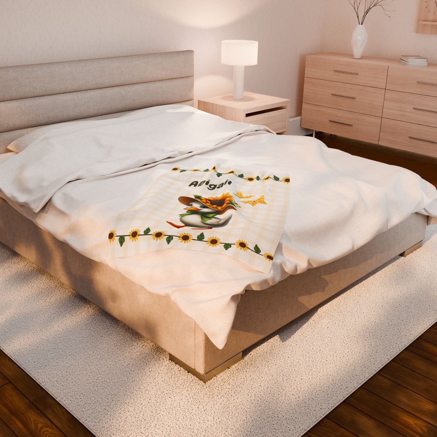 Customized Velveteen Plush Blanket with Sunflower Duck Design, Cozy Throw Blanket, Personalized Gift, Cute Nursery Decor, Baby Shower Gift