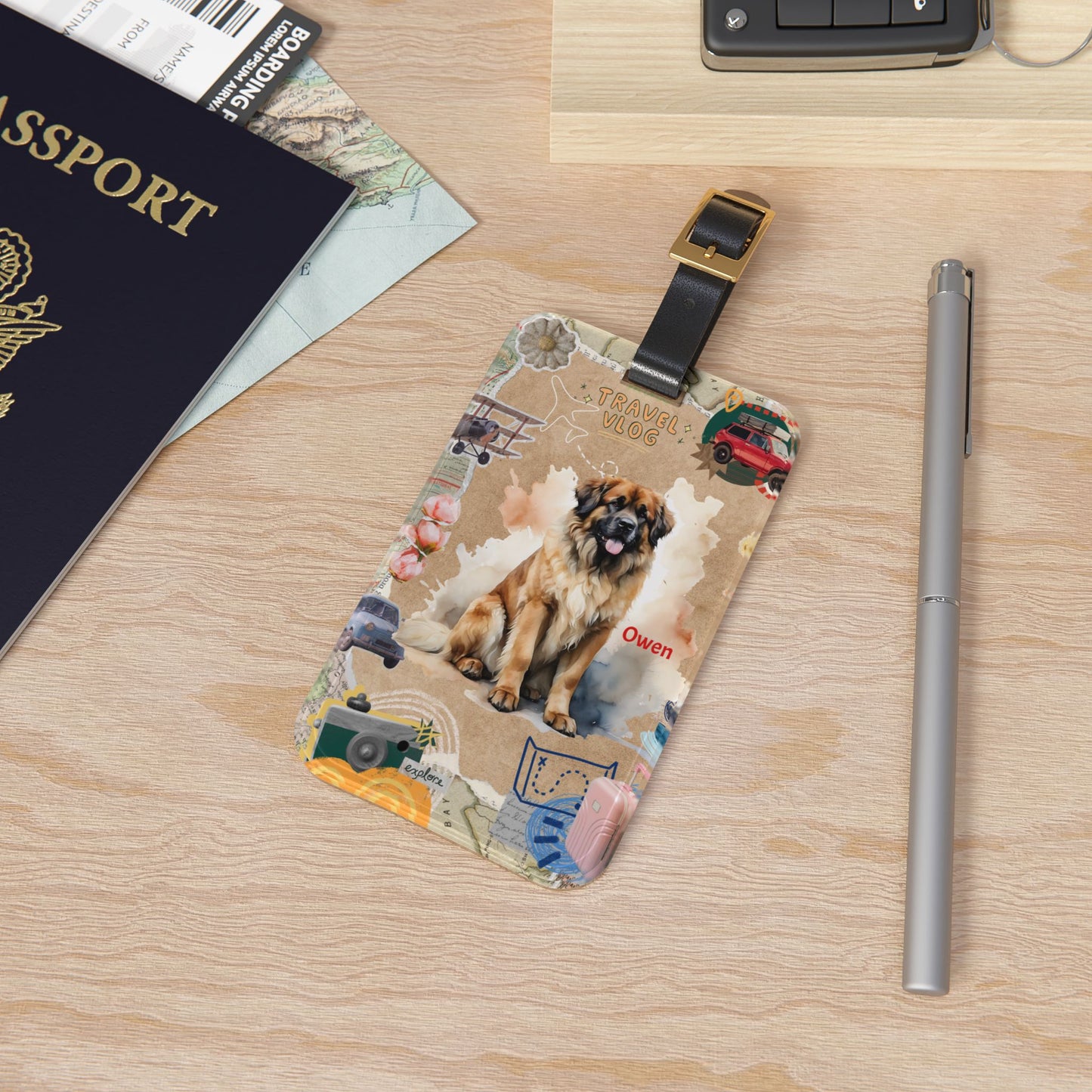 Luggage Tag - Personalized Travel Dog Tag with 'Owen' Leonberger Design