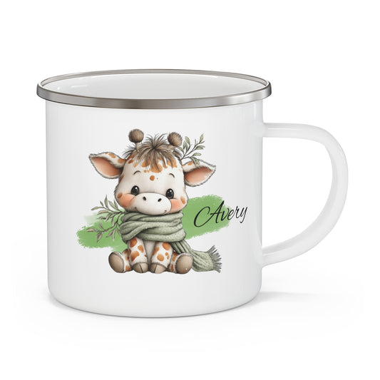 Enamel Mug — Cute Giraffe Camping Mug with Scarf & Custom Name (Avery)