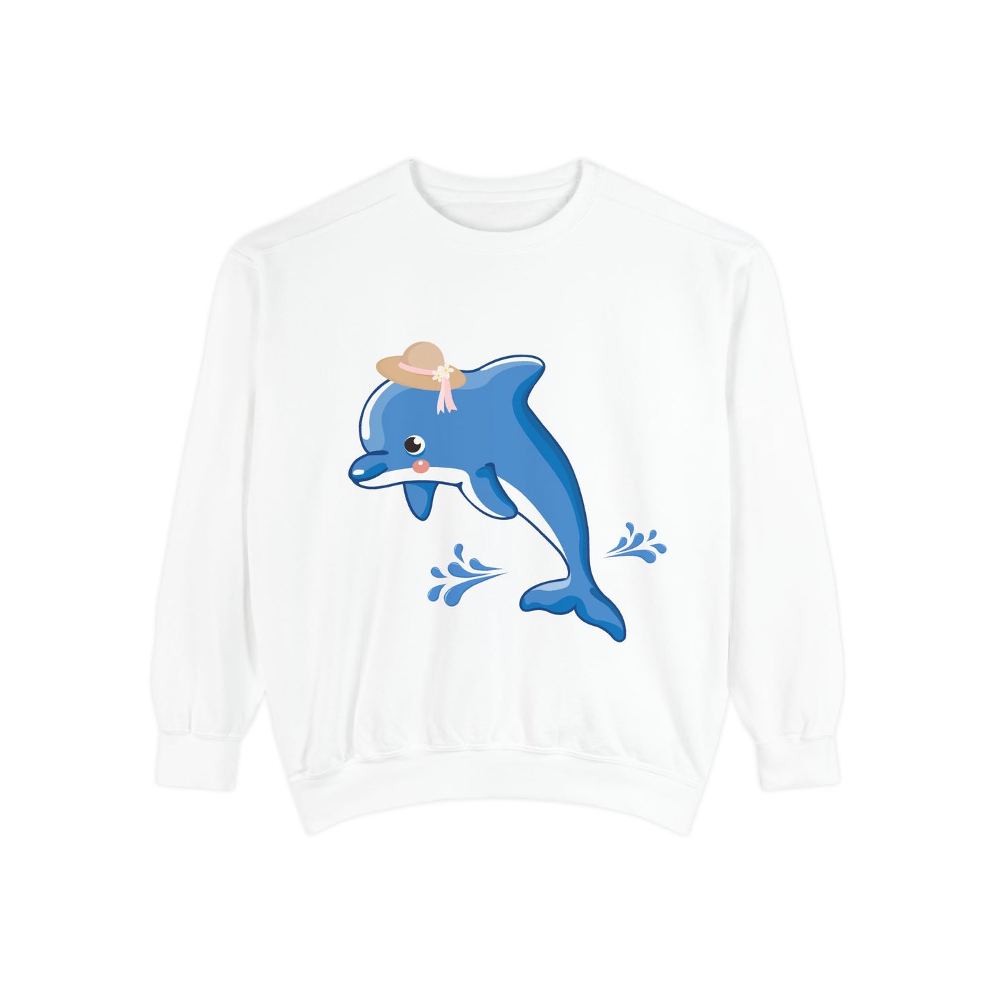 Dolphin wearing a straw hat with stylized water splashes Unisex Garment-Dyed Sweatshirt