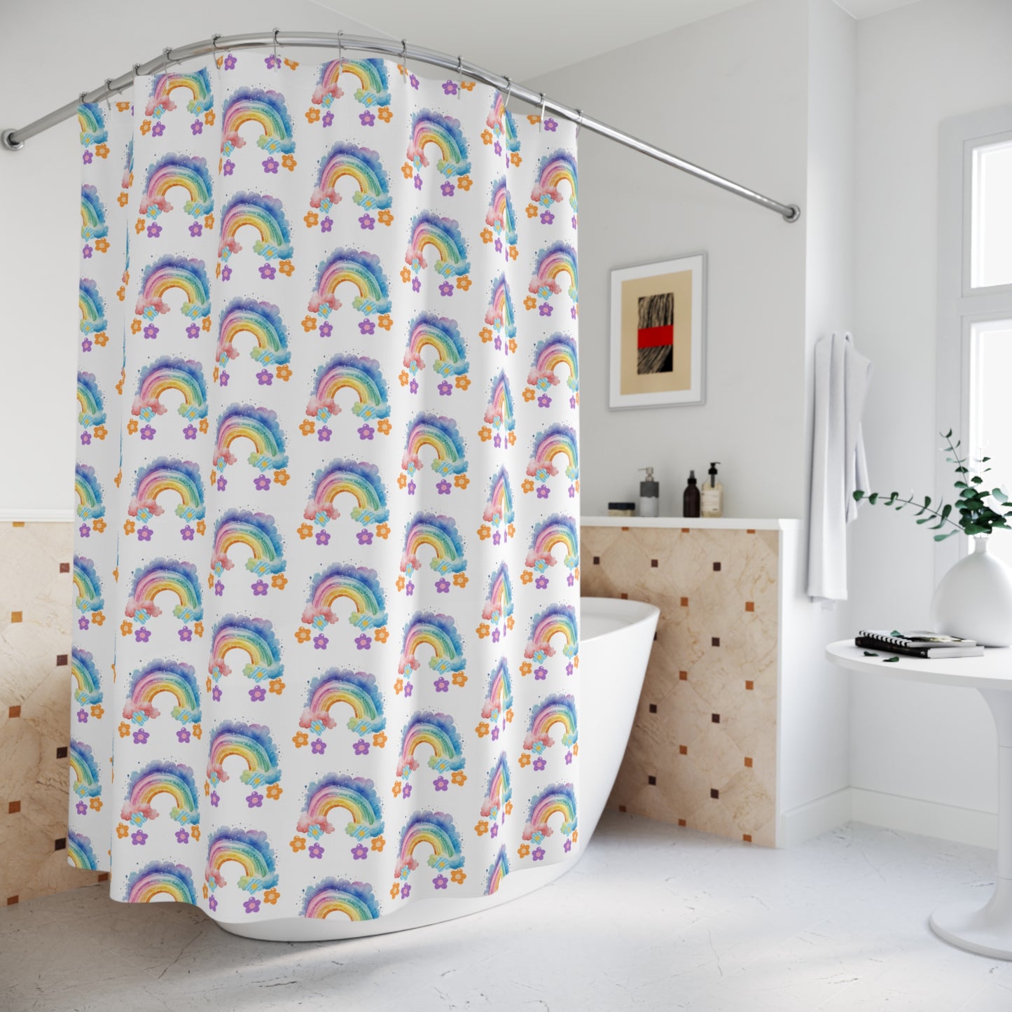 Rainbow Pattern Shower Curtain — Cute Watercolor Rainbows & Stars Bathroom Decor
