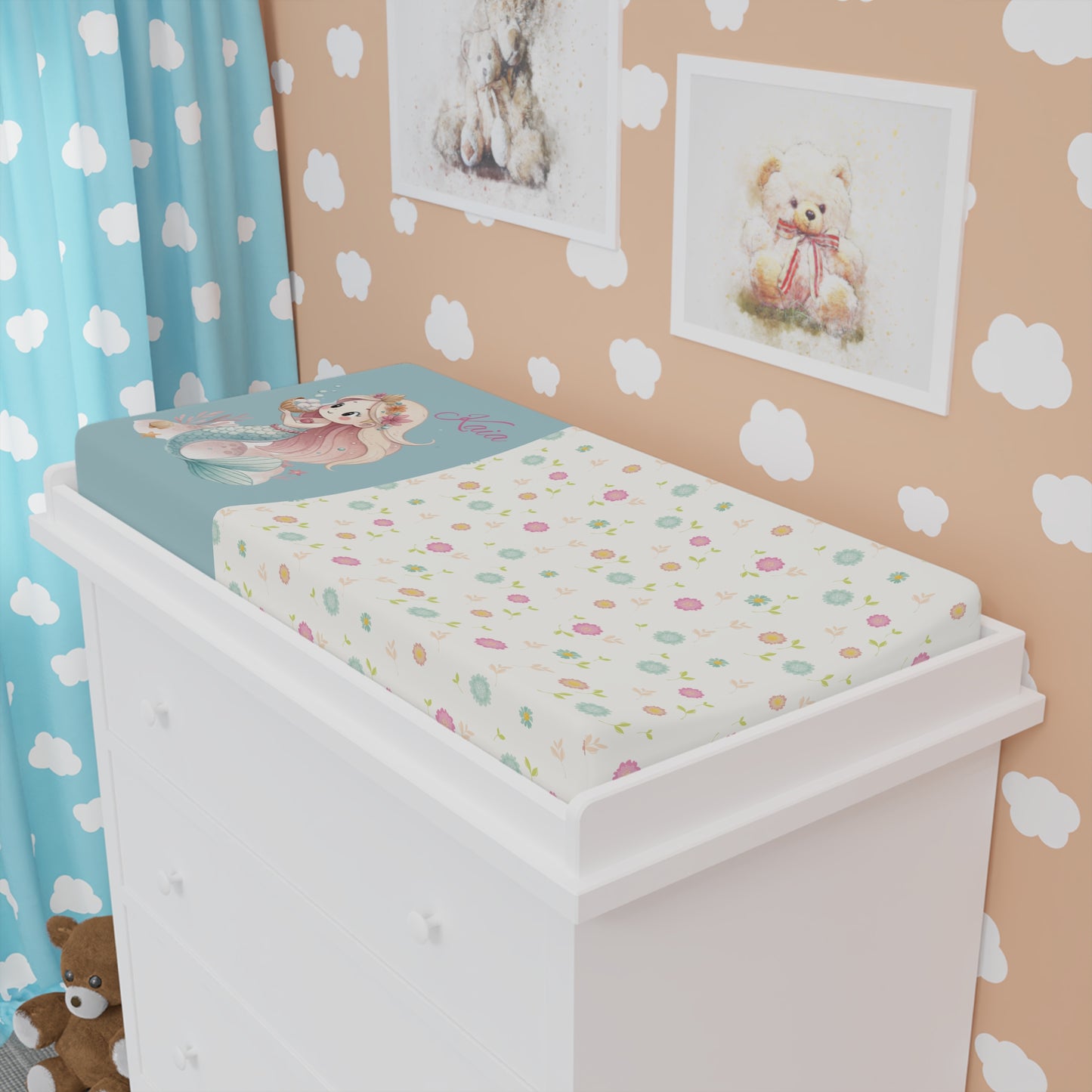 Mermaid Baby Changing Pad Cover — Cute Pastel Floral Nursery Protector