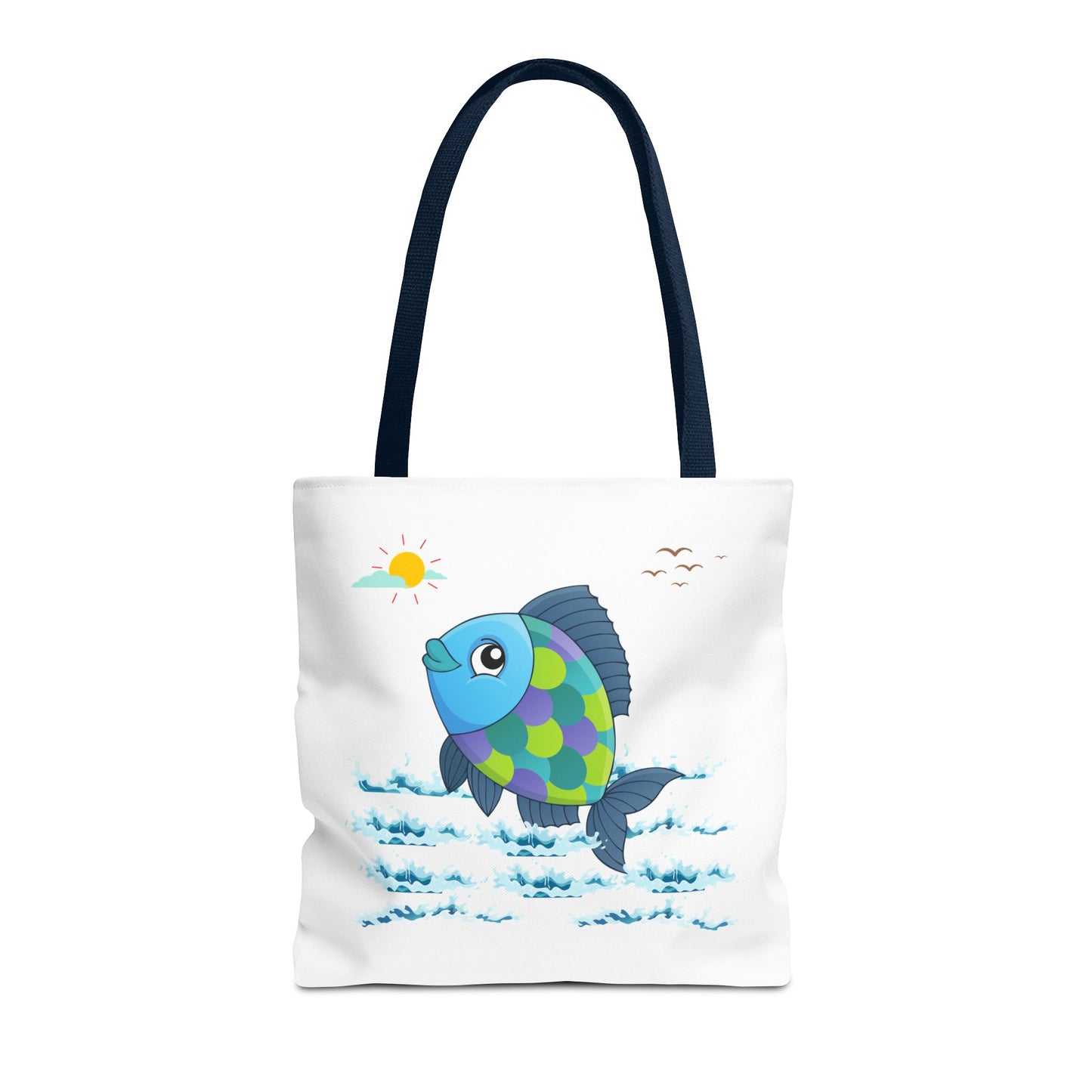 Fish with a sun and birds in the sky above water Tote Bag