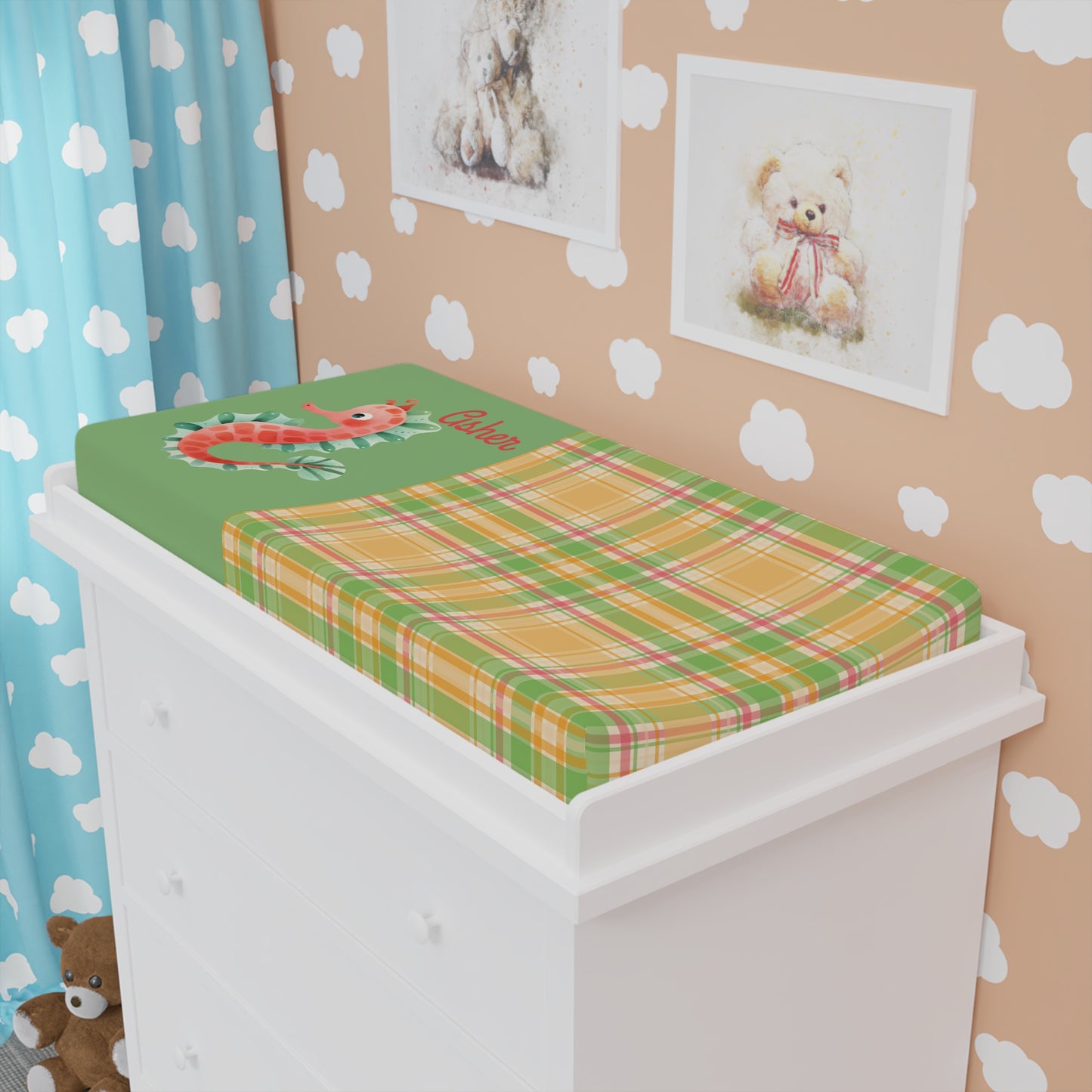 Seahorse Plaid Baby Changing Pad Cover — Personalized Nursery Decor