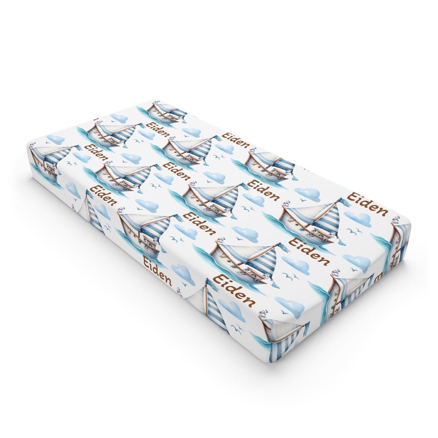 Nautical Baby Changing Pad Cover – Personalized Sailboat & Seagull Design (Custom Name)