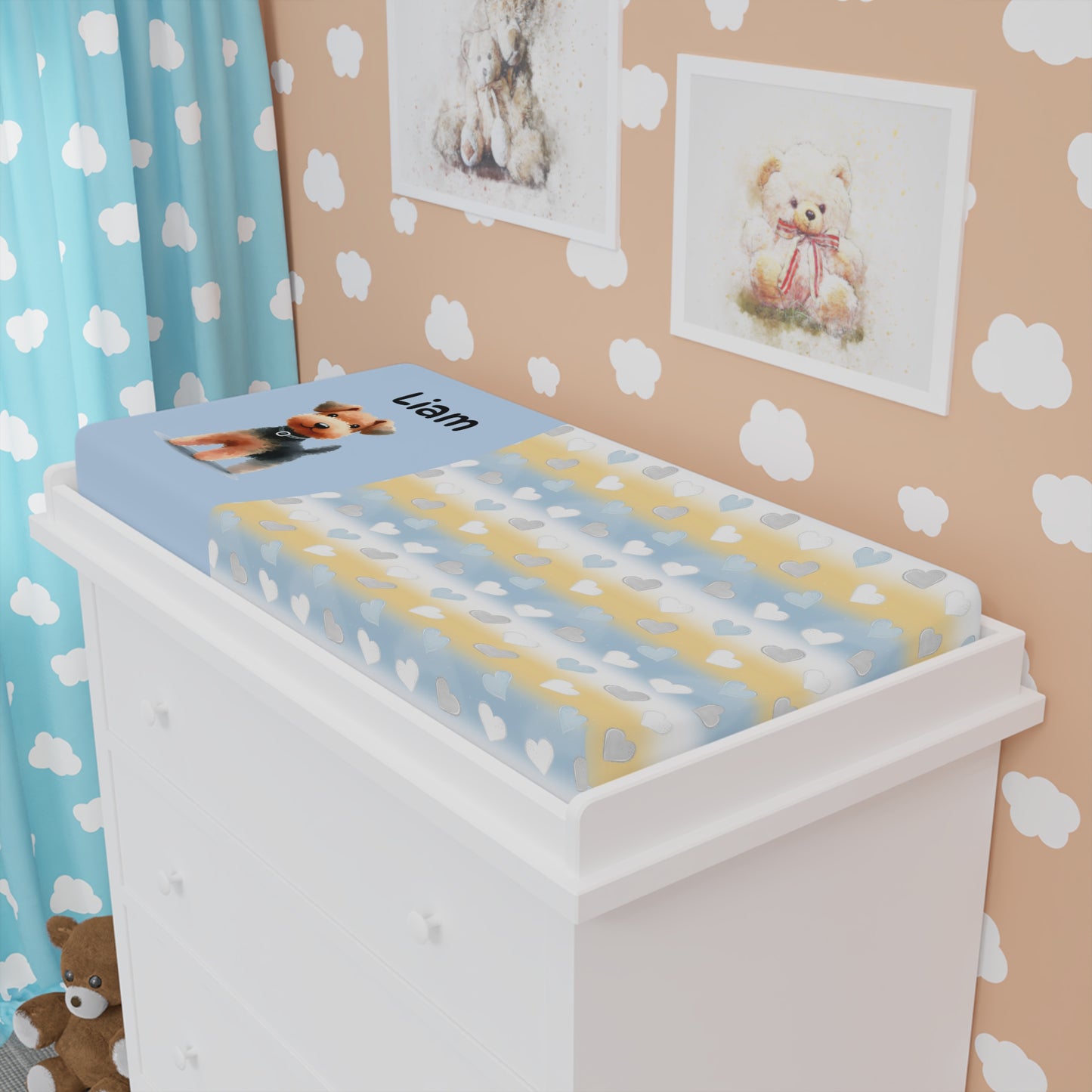 Personalized Baby Changing Pad Cover – Blue Heart Cloud Design with Name