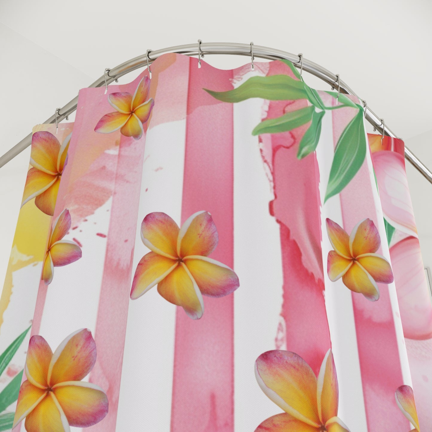 Tropical Plumeria Shower Curtain – Pink Stripes Floral Bath Decor
